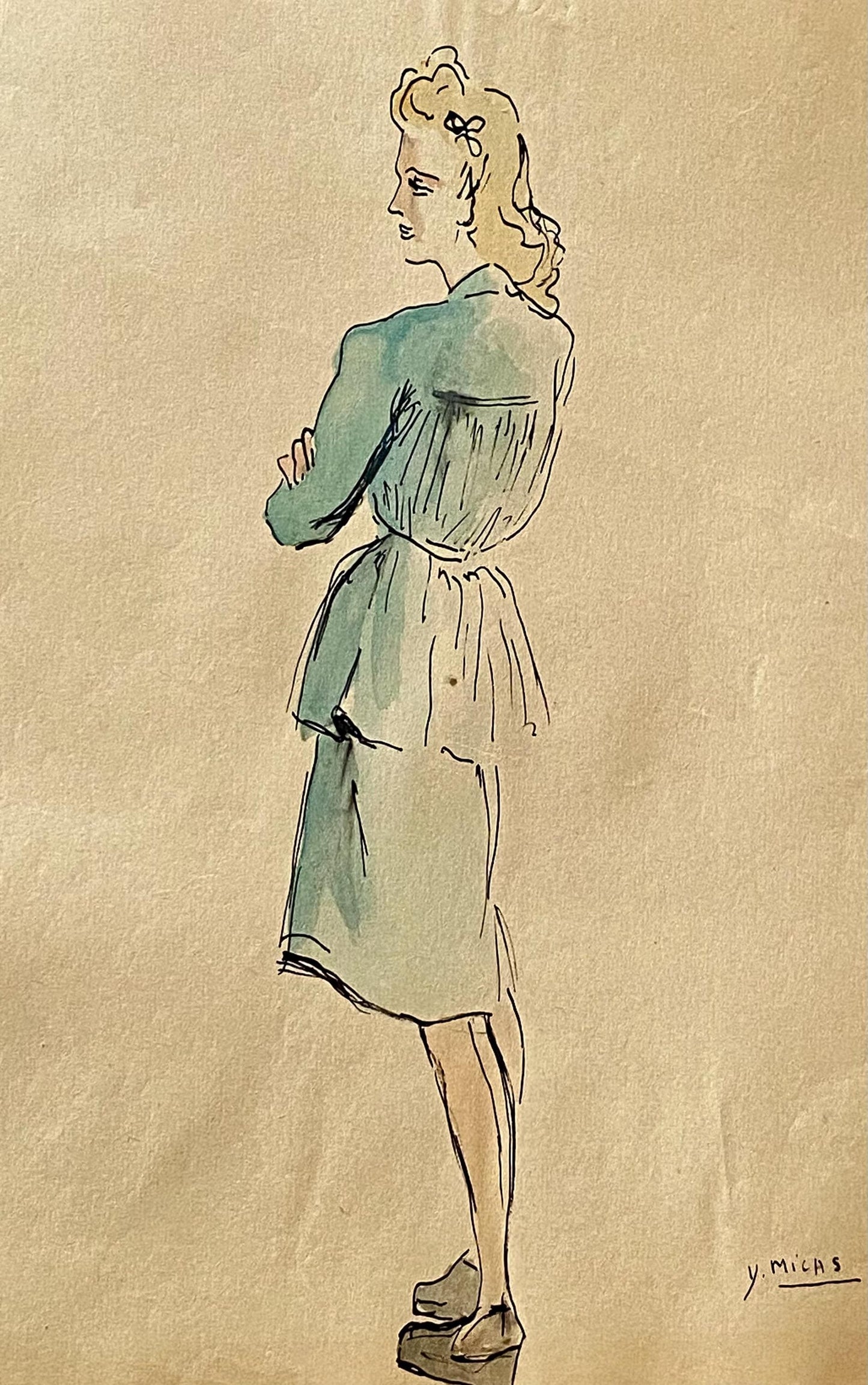 An Original Fashion Sketch, or Croquis, from Parisian Designer Yvette Micas. Hand Painted. 1940s. Signed. Size: 27 x 21 cms.