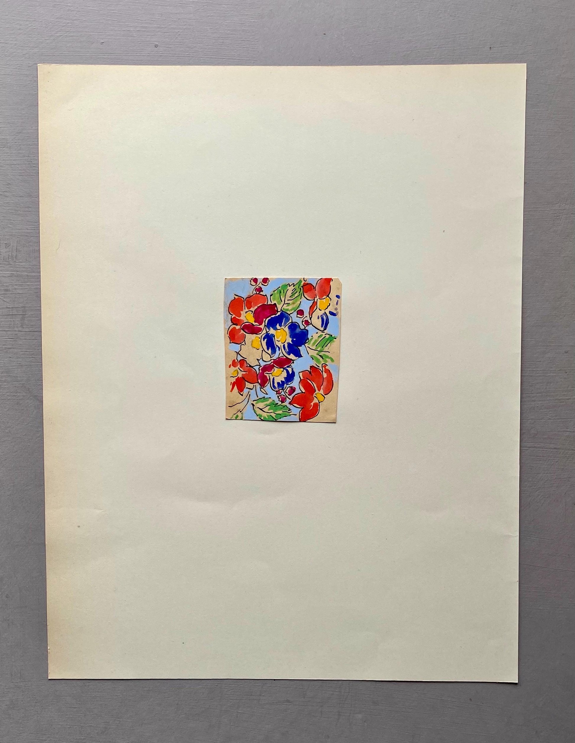 An Original Antique French Textile Design. Floral. Hand Drawn and Painted. 1930s. Size: 6.5 x 5.1 cms.