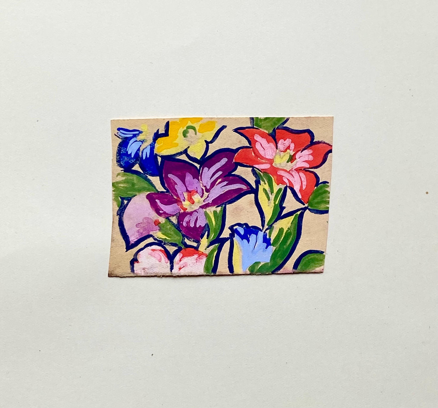 An Original Antique French Textile Design. Floral. Hand Drawn and Painted. 1930s. Size: 5 x 6.8 cms.