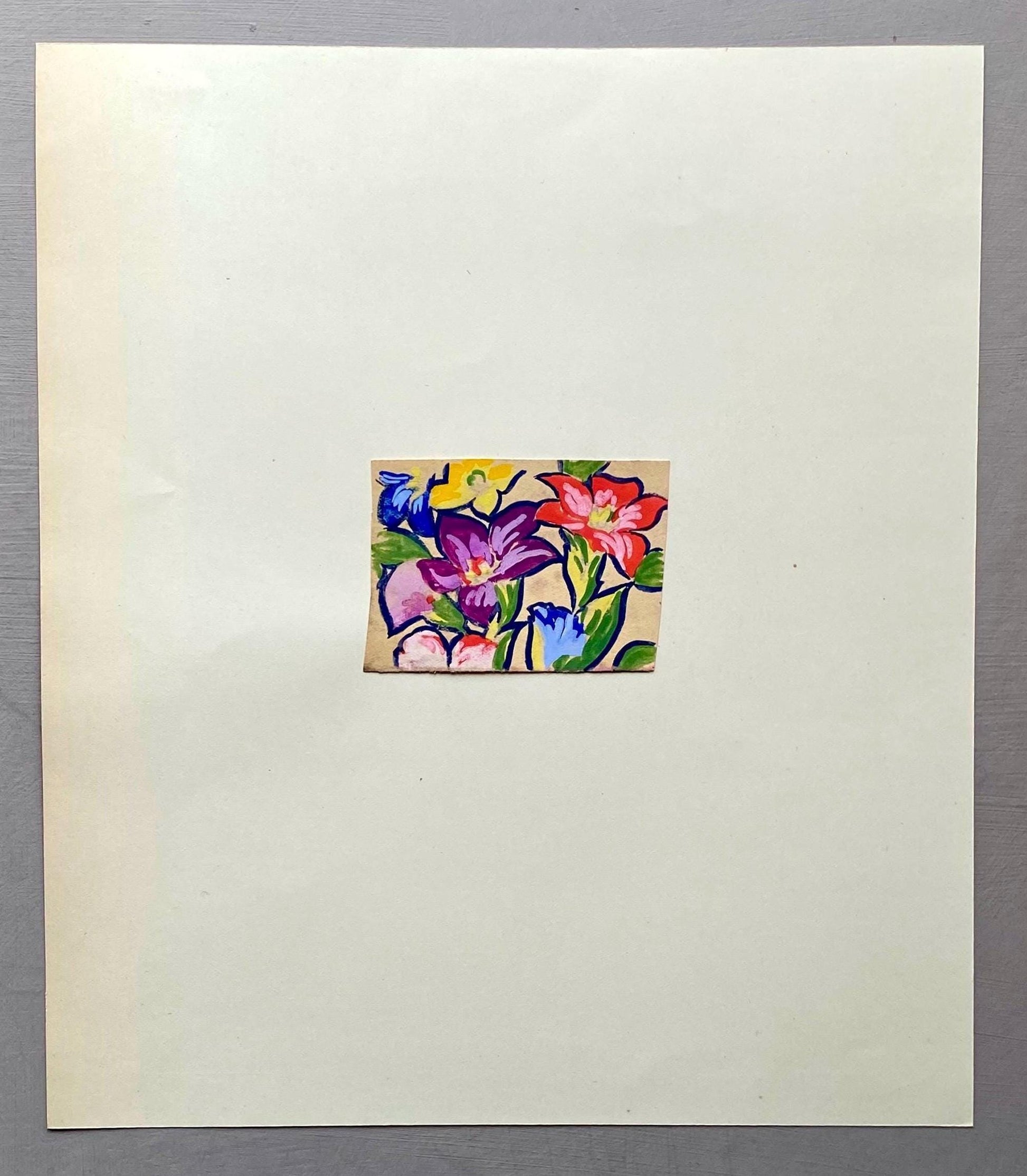 An Original Antique French Textile Design. Floral. Hand Drawn and Painted. 1930s. Size: 5 x 6.8 cms.