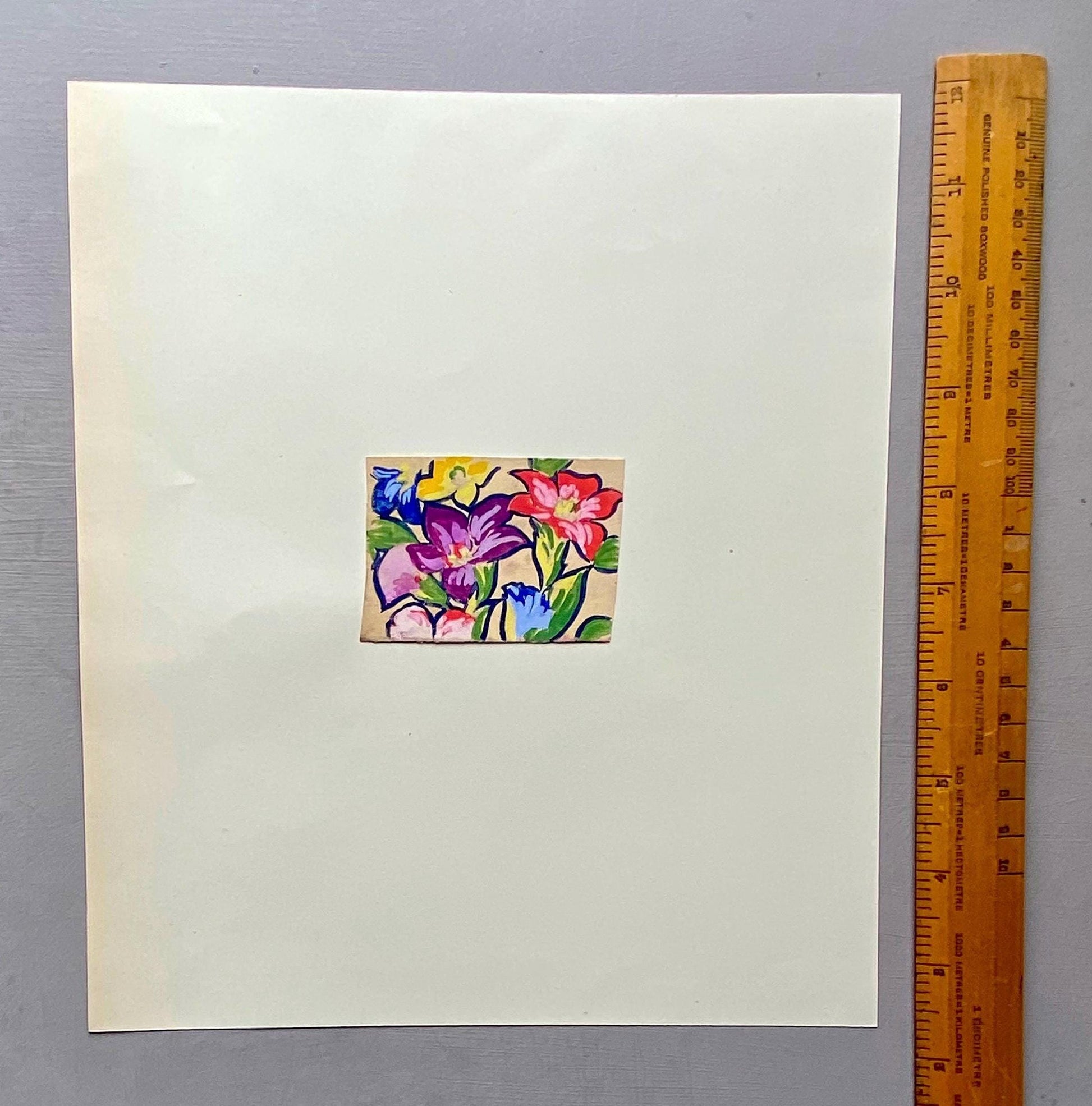 An Original Antique French Textile Design. Floral. Hand Drawn and Painted. 1930s. Size: 5 x 6.8 cms.
