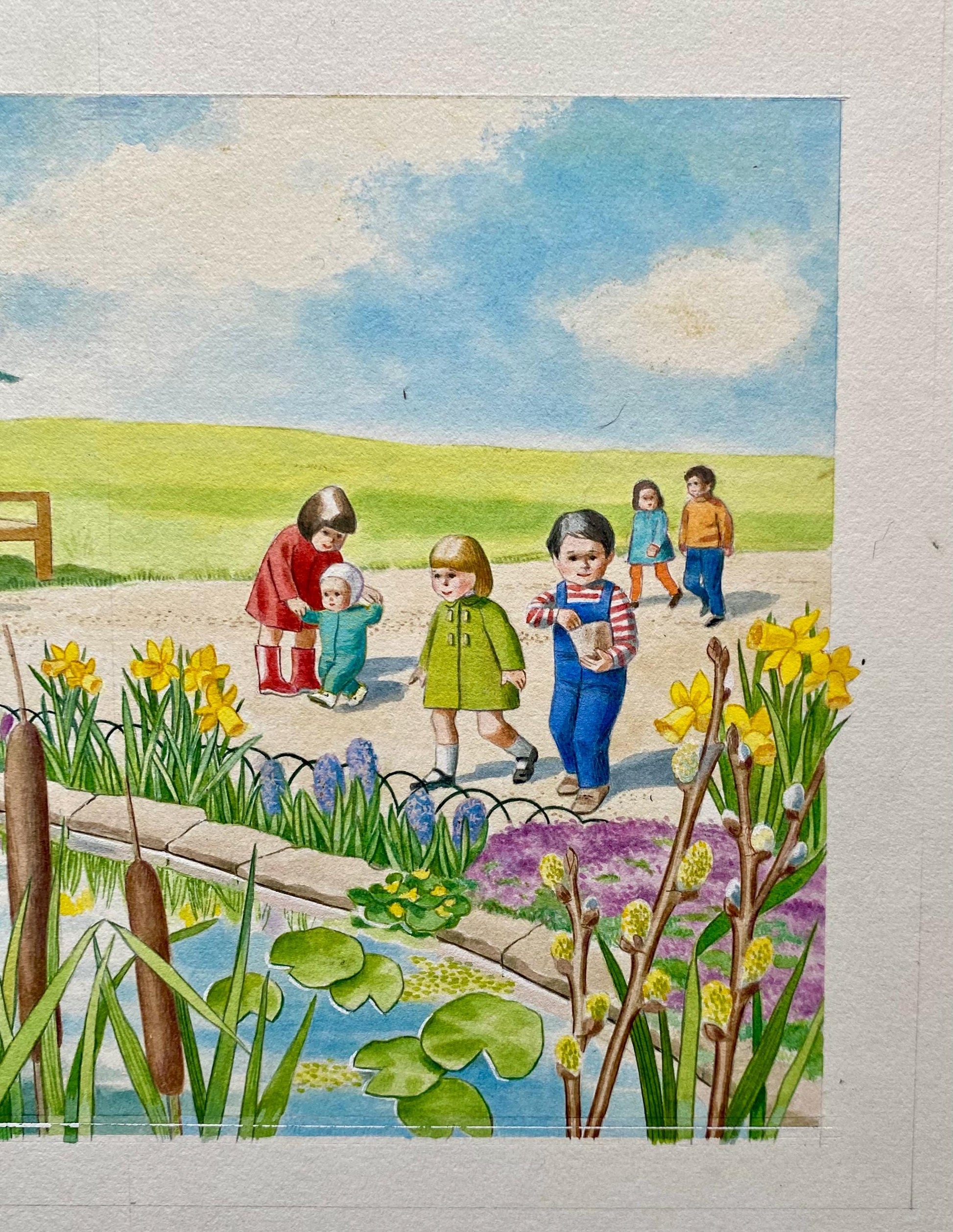 An Original Illustration From 'Park Animals' Showing Spring Flowers. Watercolour. Unsigned. Size: 14.7 x 25 cms.