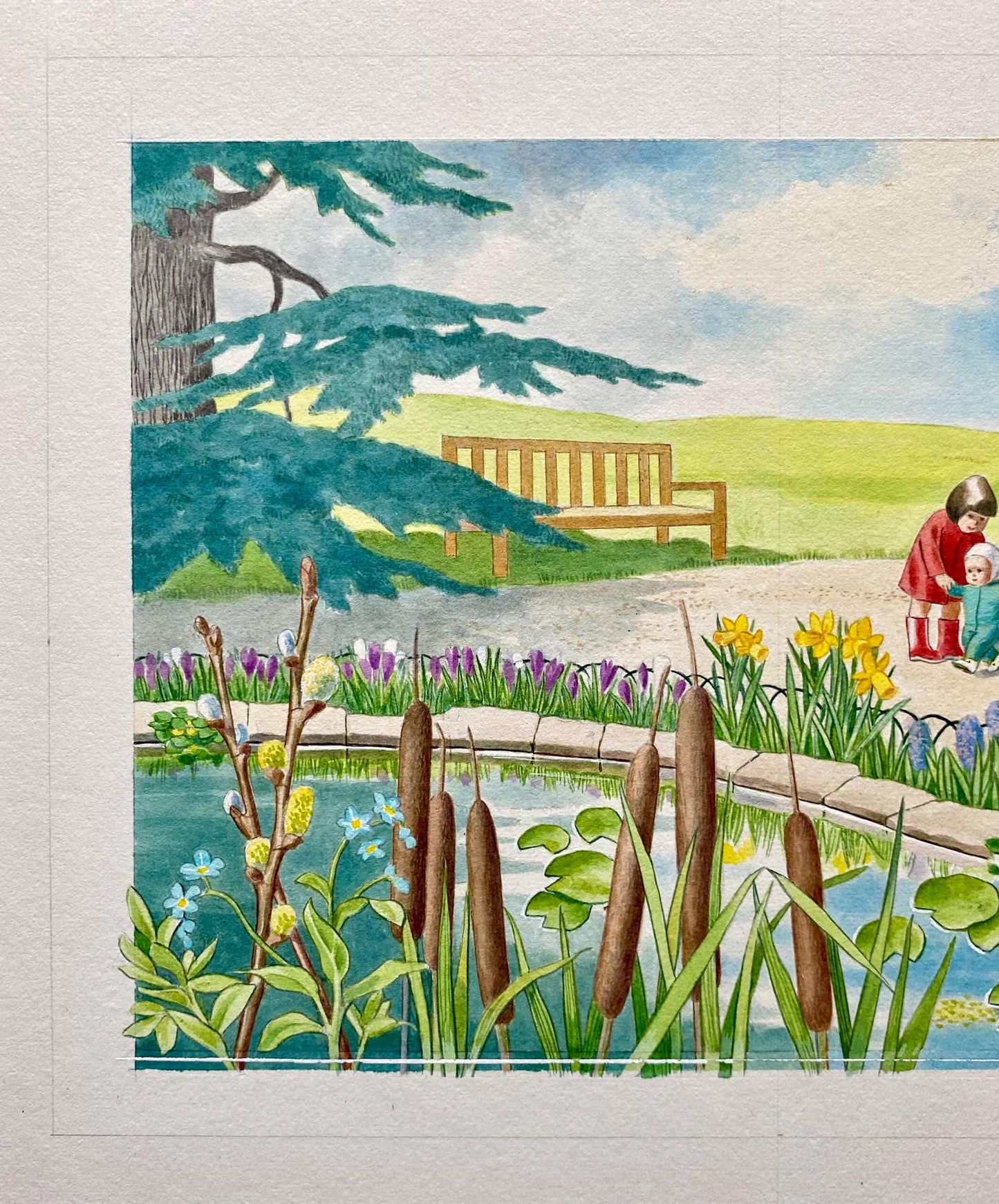 An Original Illustration From 'Park Animals' Showing Spring Flowers. Watercolour. Unsigned. Size: 14.7 x 25 cms.