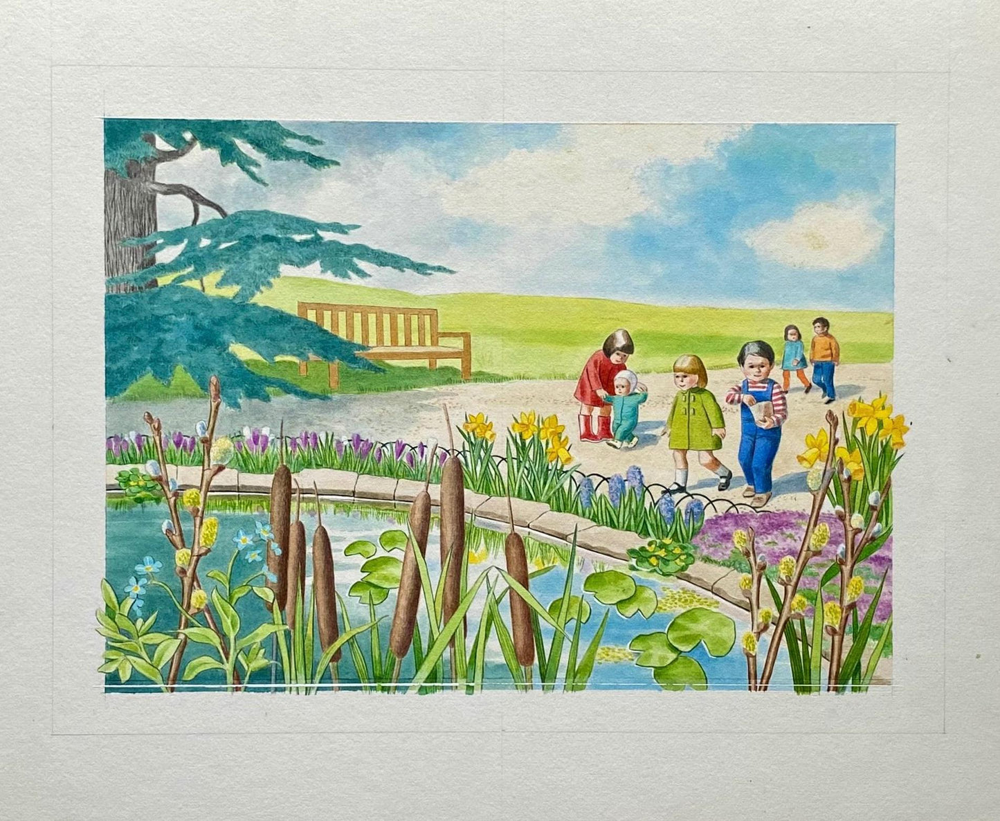 An Original Illustration From 'Park Animals' Showing Spring Flowers. Watercolour. Unsigned. Size: 14.7 x 25 cms.