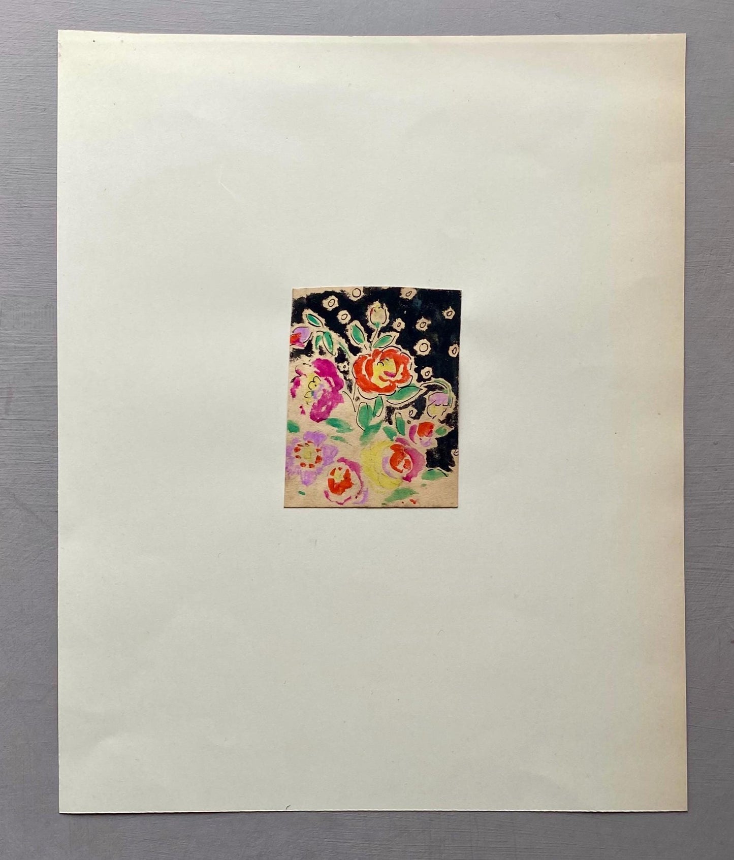An Original Antique French Textile Design. Floral. Hand Drawn and Painted. 1930s. Size: 7.5 x 6 cms.