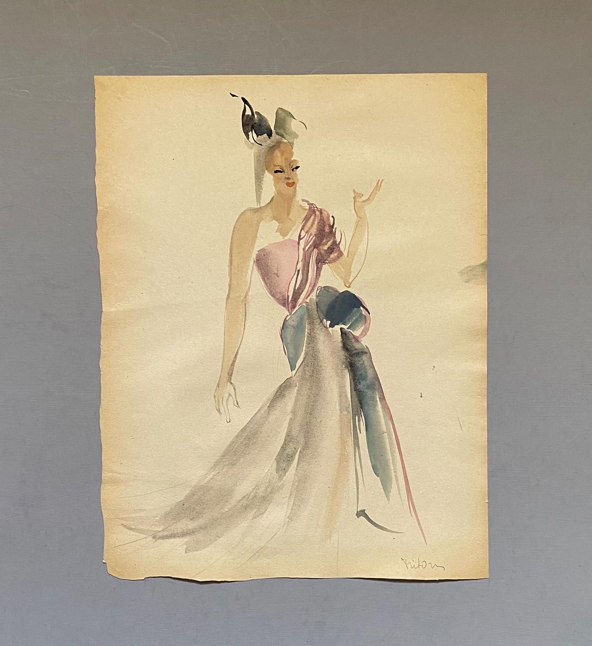 An Original Fashion Sketch, or Croquis, from Parisian Designer Yvette Micas. Hand Painted. 1940s. Signed. Size: 33 x 25.5 cms.