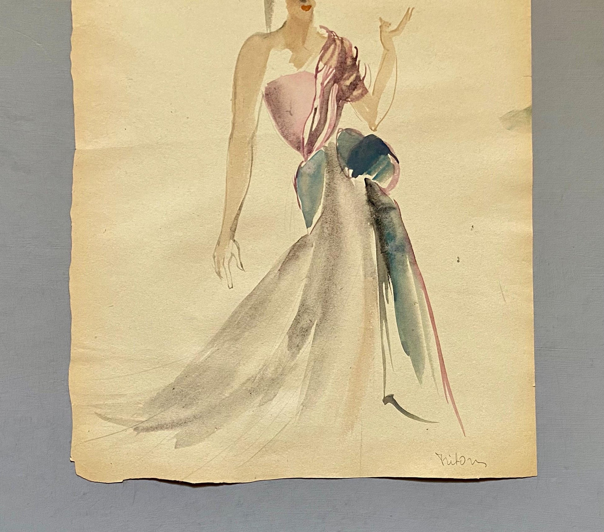 An Original Fashion Sketch, or Croquis, from Parisian Designer Yvette Micas. Hand Painted. 1940s. Signed. Size: 33 x 25.5 cms.