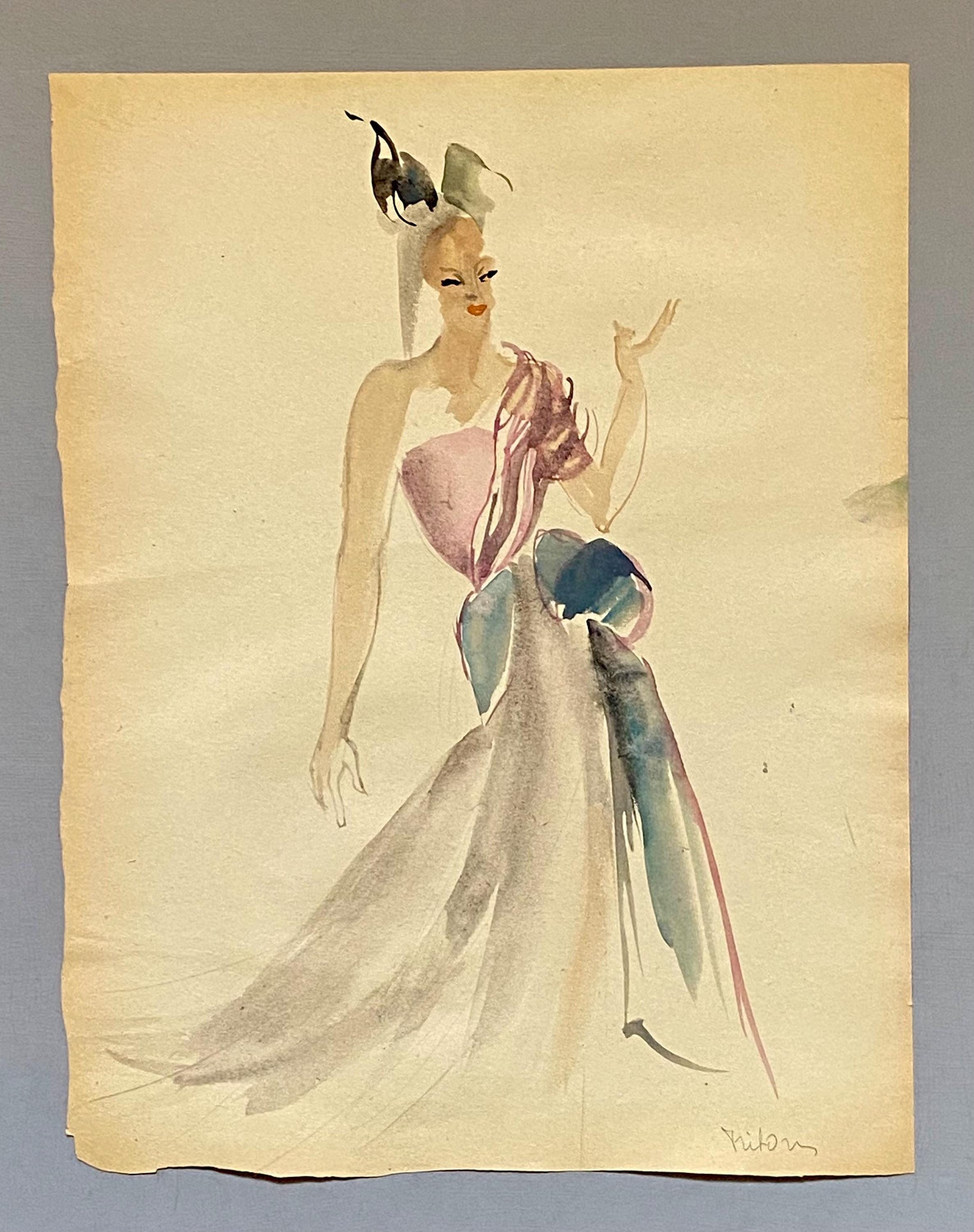An Original Fashion Sketch, or Croquis, from Parisian Designer Yvette Micas. Hand Painted. 1940s. Signed. Size: 33 x 25.5 cms.