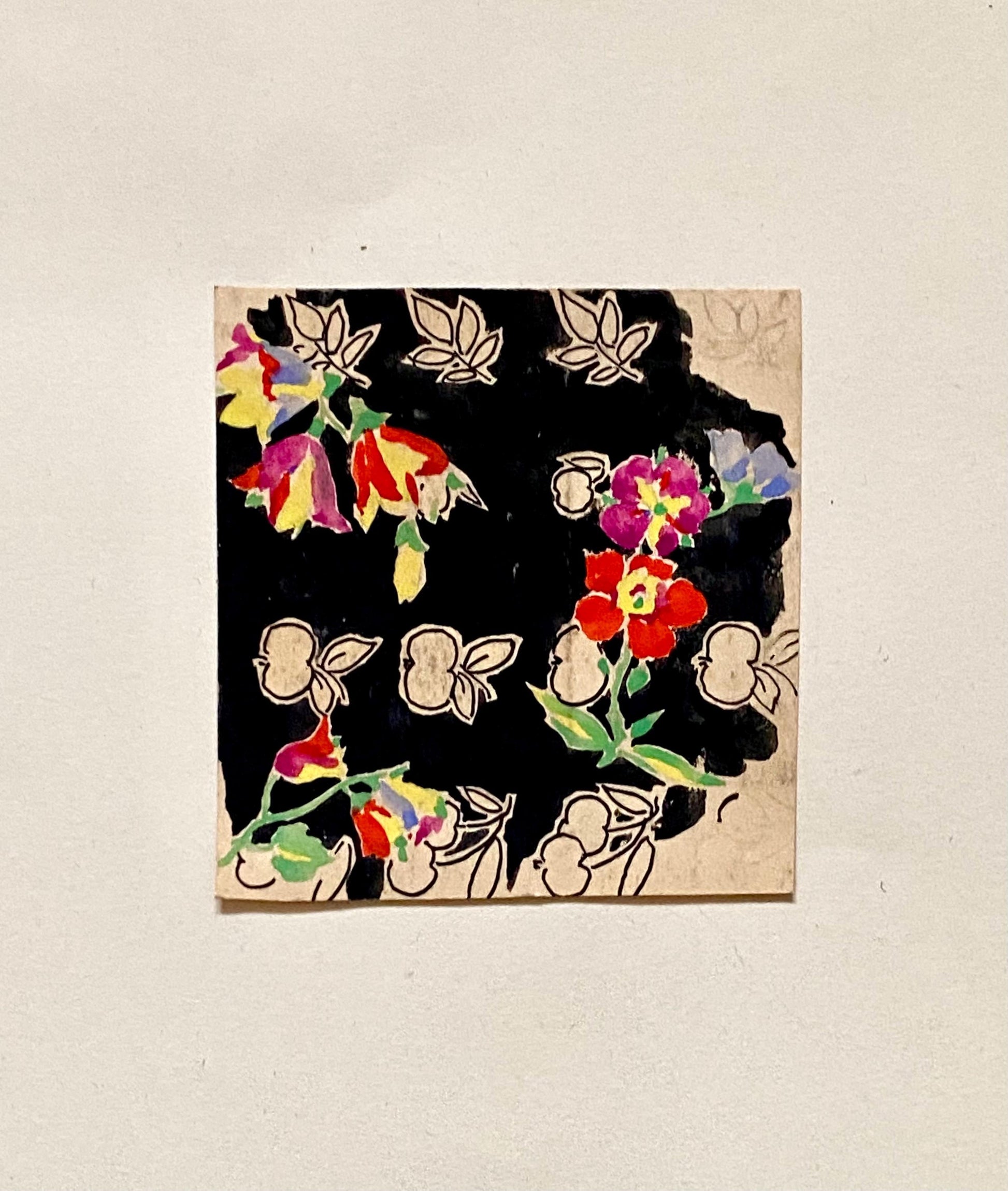 An Original Antique French Textile Design. Floral. Hand Drawn and Painted. 1930s. Size: 6.7 x 6.2 cms.