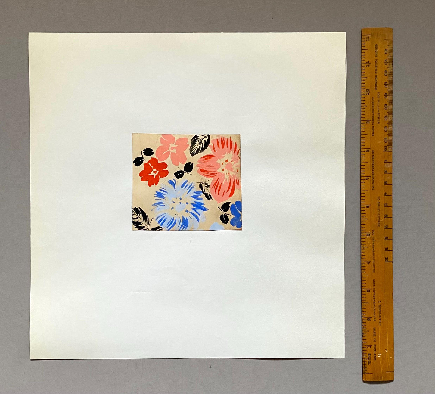 An Original Antique French Textile Design. Floral. Hand Drawn and Painted. 1930s. Size: 9 x 10 cms.