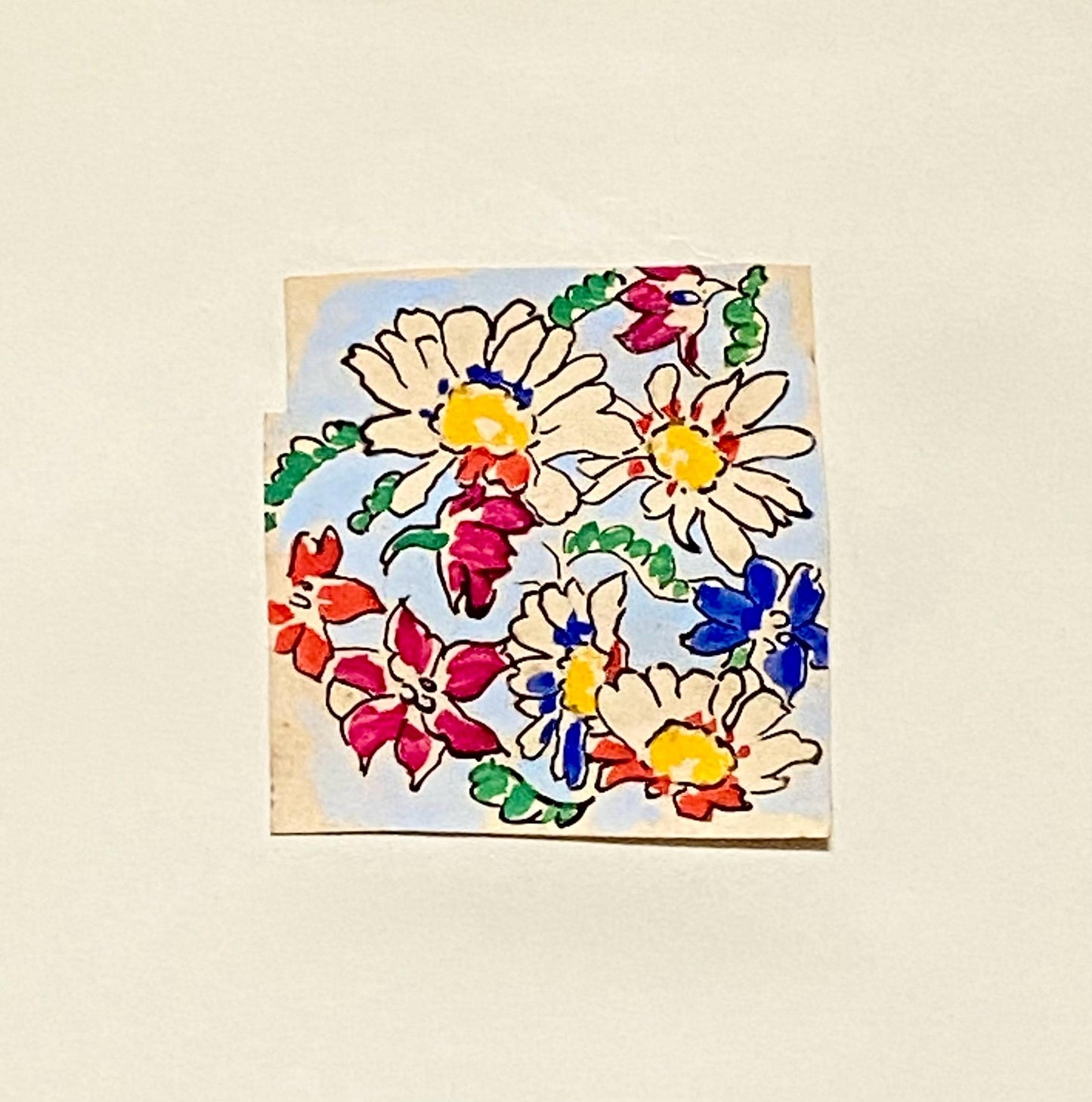An Original Antique French Textile Design. Floral. Hand Drawn and Painted. 1930s. Size: 5.8 x 5.8 cms.