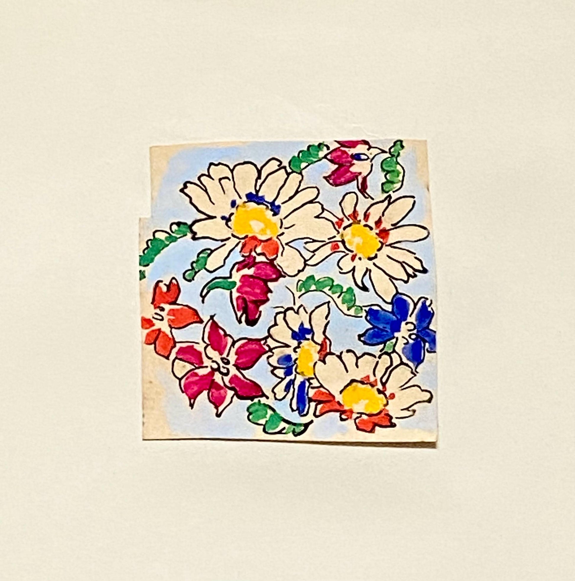 An Original Antique French Textile Design. Floral. Hand Drawn and Painted. 1930s. Size: 5.8 x 5.8 cms.