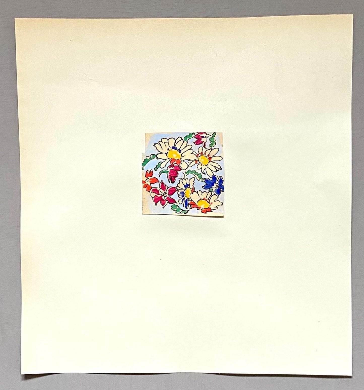 An Original Antique French Textile Design. Floral. Hand Drawn and Painted. 1930s. Size: 5.8 x 5.8 cms.