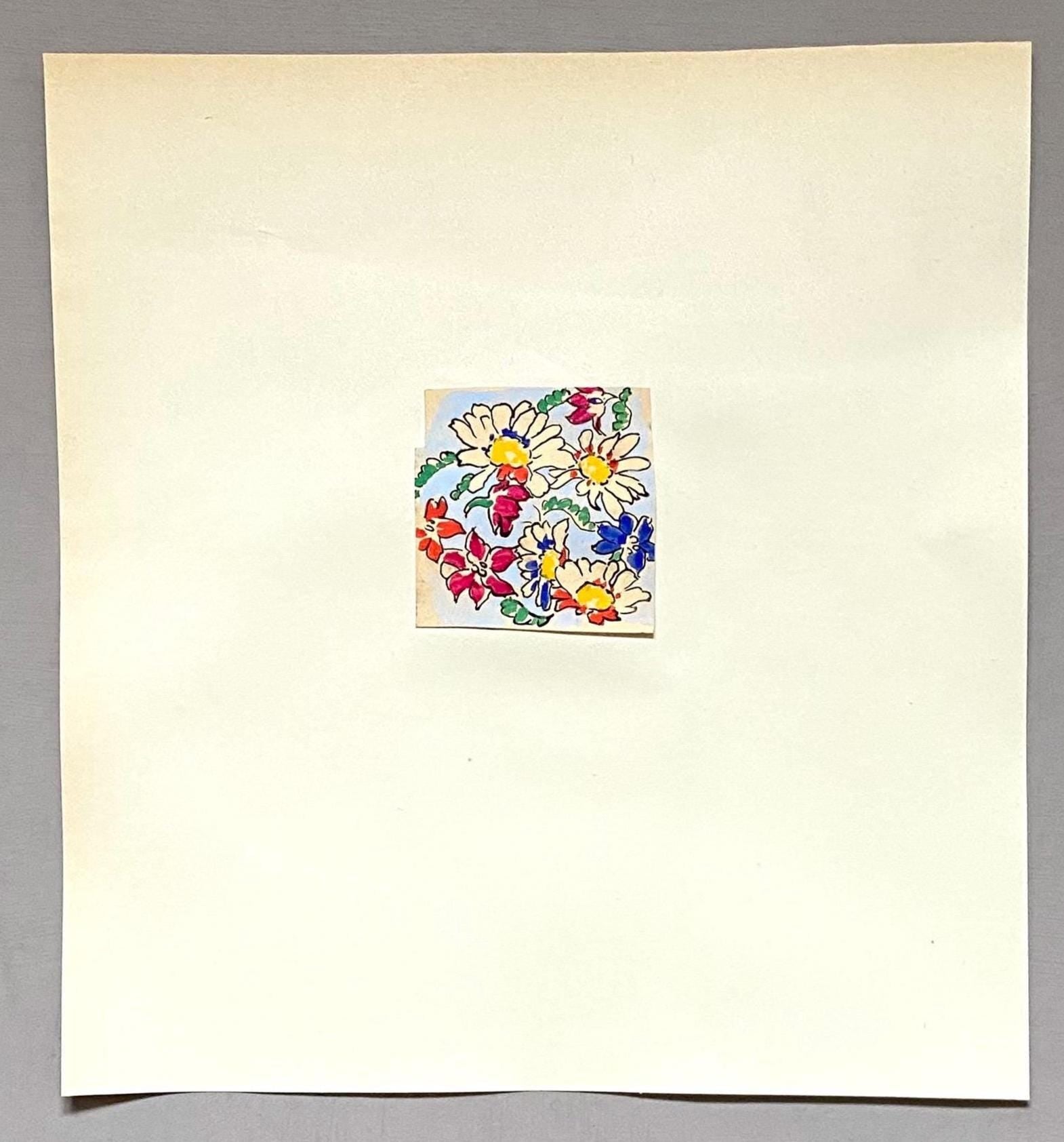An Original Antique French Textile Design. Floral. Hand Drawn and Painted. 1930s. Size: 5.8 x 5.8 cms.