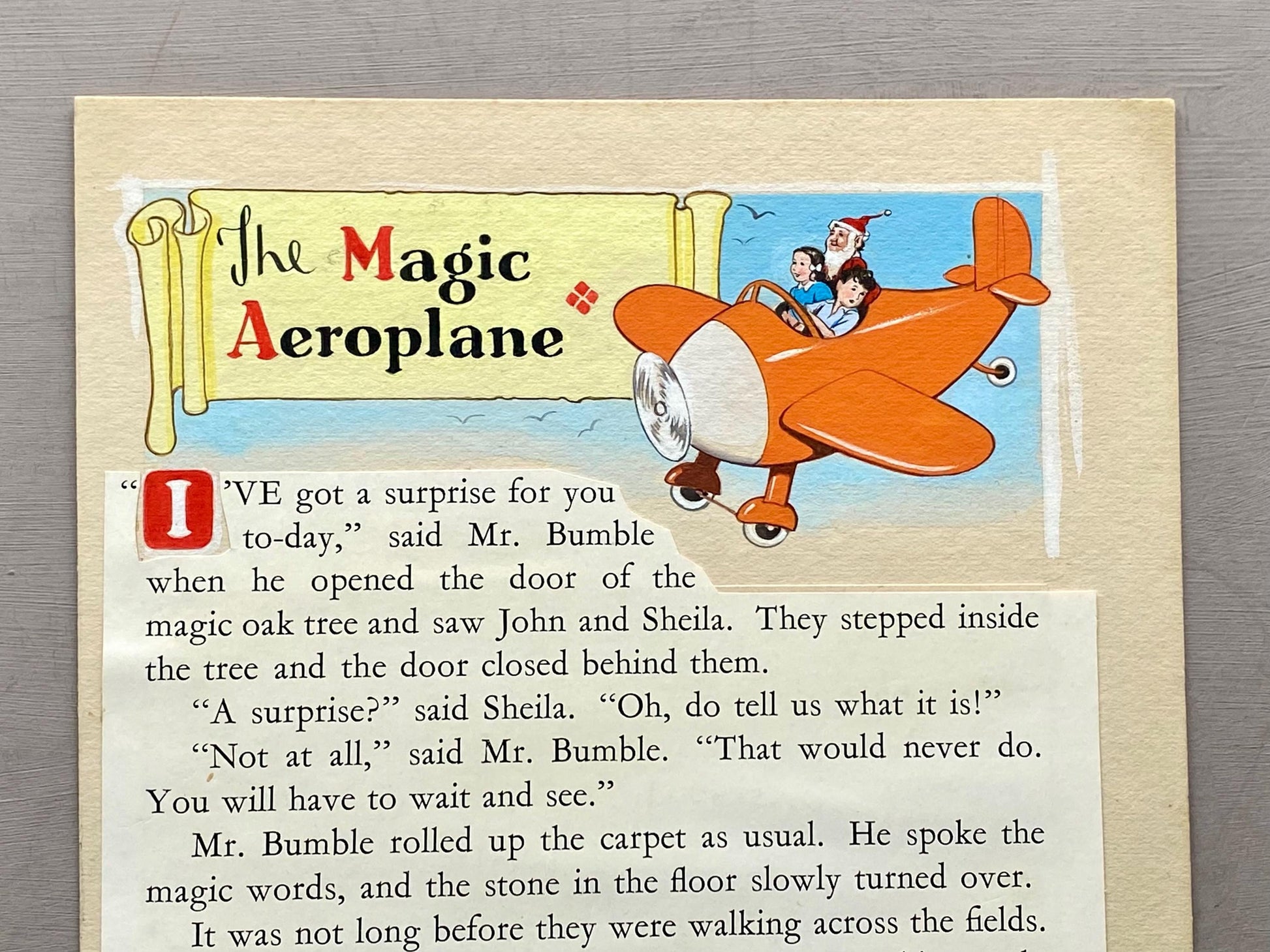 The Magic Aeroplane. 5 Original Watercolour Illustrations From The 1950’s. With Text. Size: 23.5 x 19 cms.