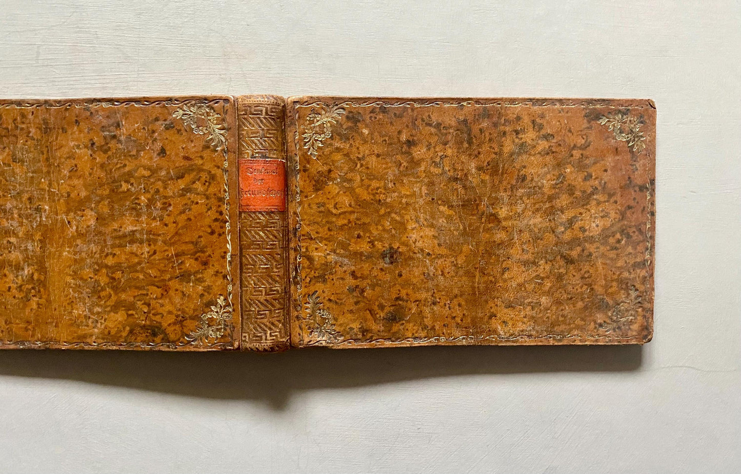 A Leatherbound Autograph Book Containing 5 Watercolours and A Needlework Posy. German. Early 1800s. Size: 12 x 18.5 cms.