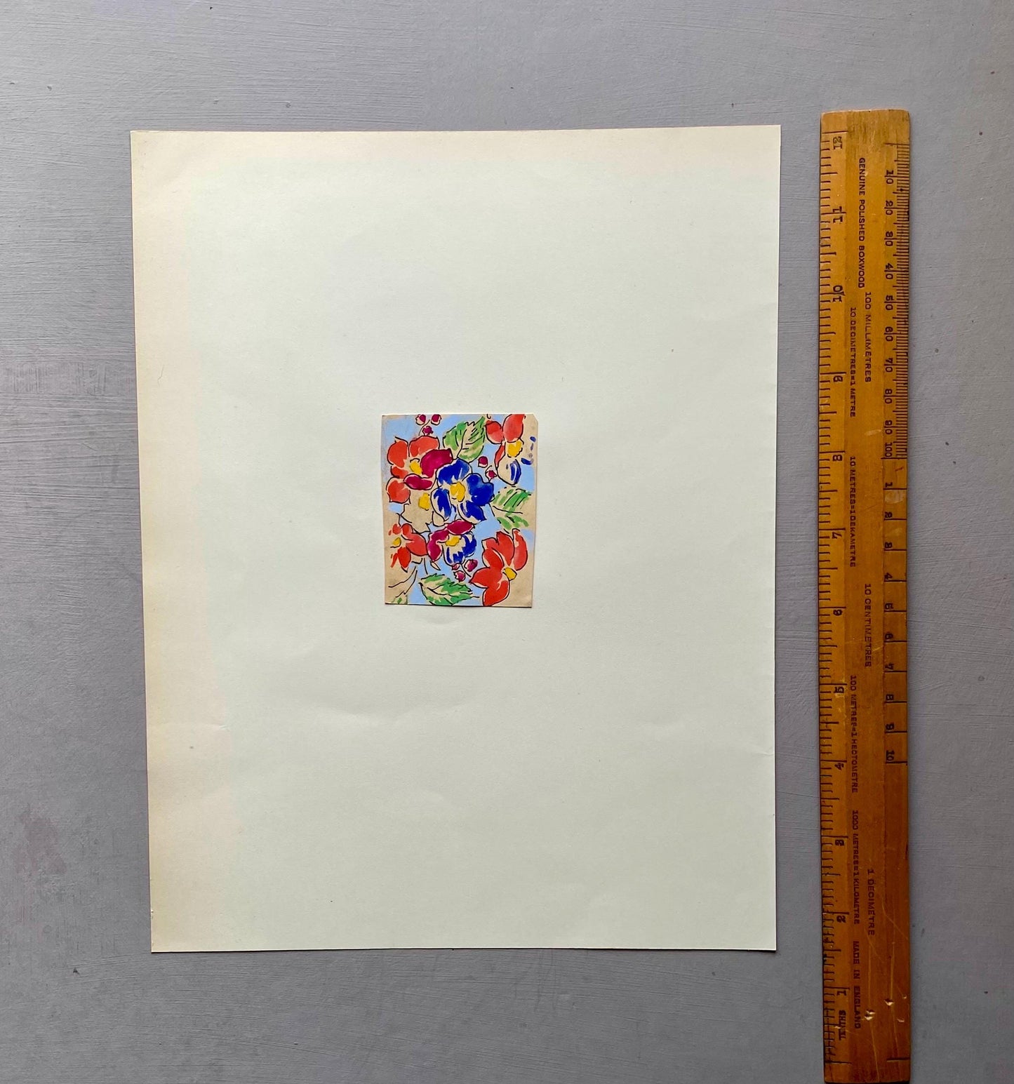 An Original Antique French Textile Design. Floral. Hand Drawn and Painted. 1930s. Size: 6.5 x 5.1 cms.