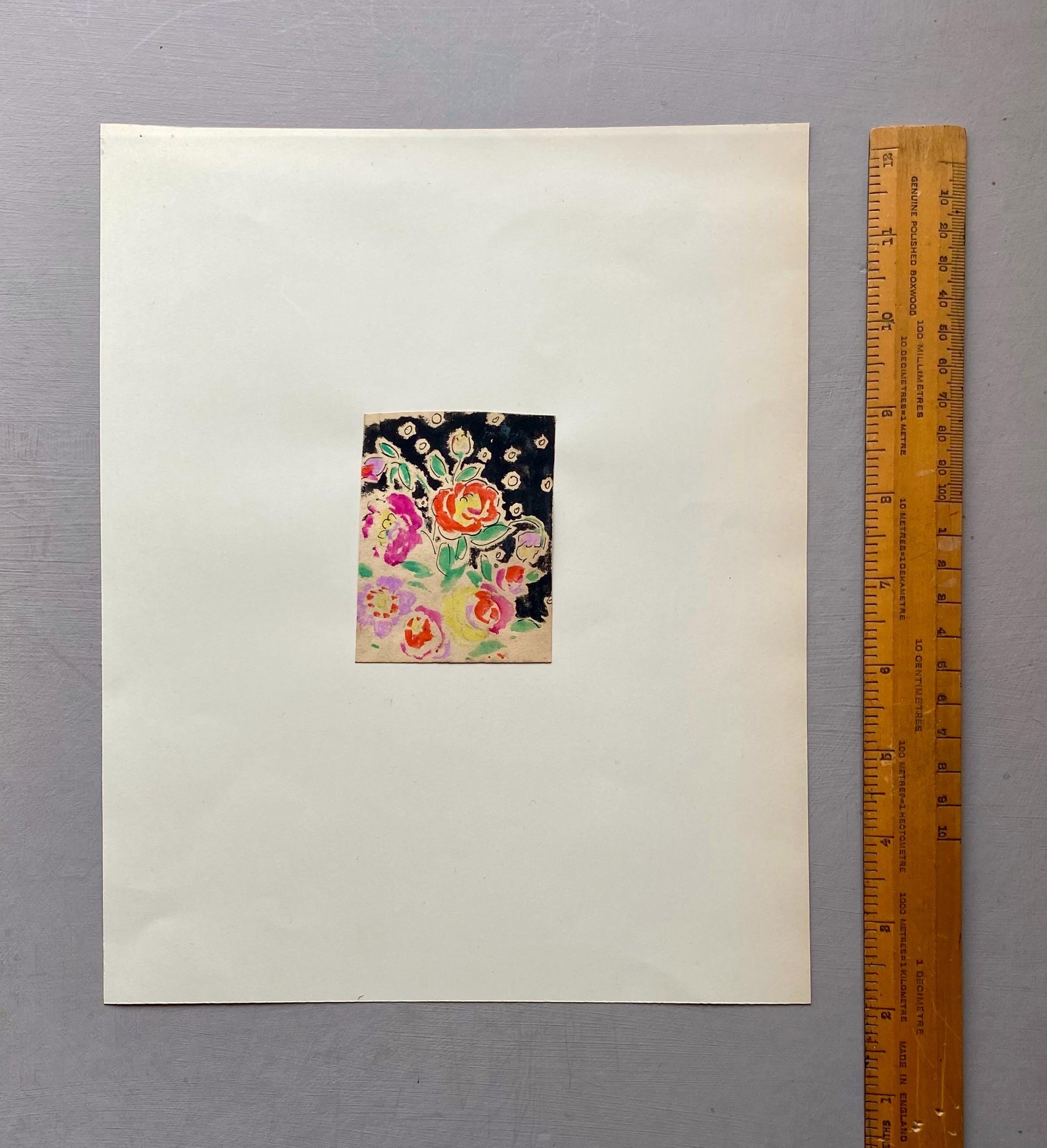 An Original Antique French Textile Design. Floral. Hand Drawn and Painted. 1930s. Size: 7.5 x 6 cms.