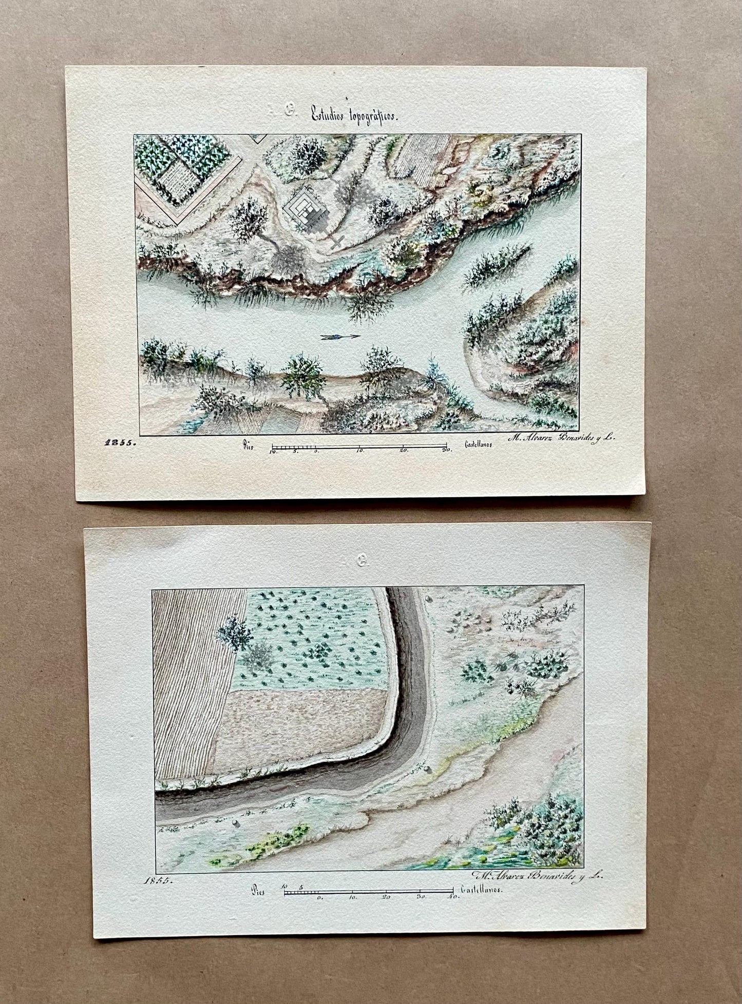 Topografia. 11 Hand Drawn Maps. Valladolid, Spain and Rio Pisuerga. Signed Jose Marin de Rute and M. Alvarez. Dated 1855. Size: 50 x 34 cms.
