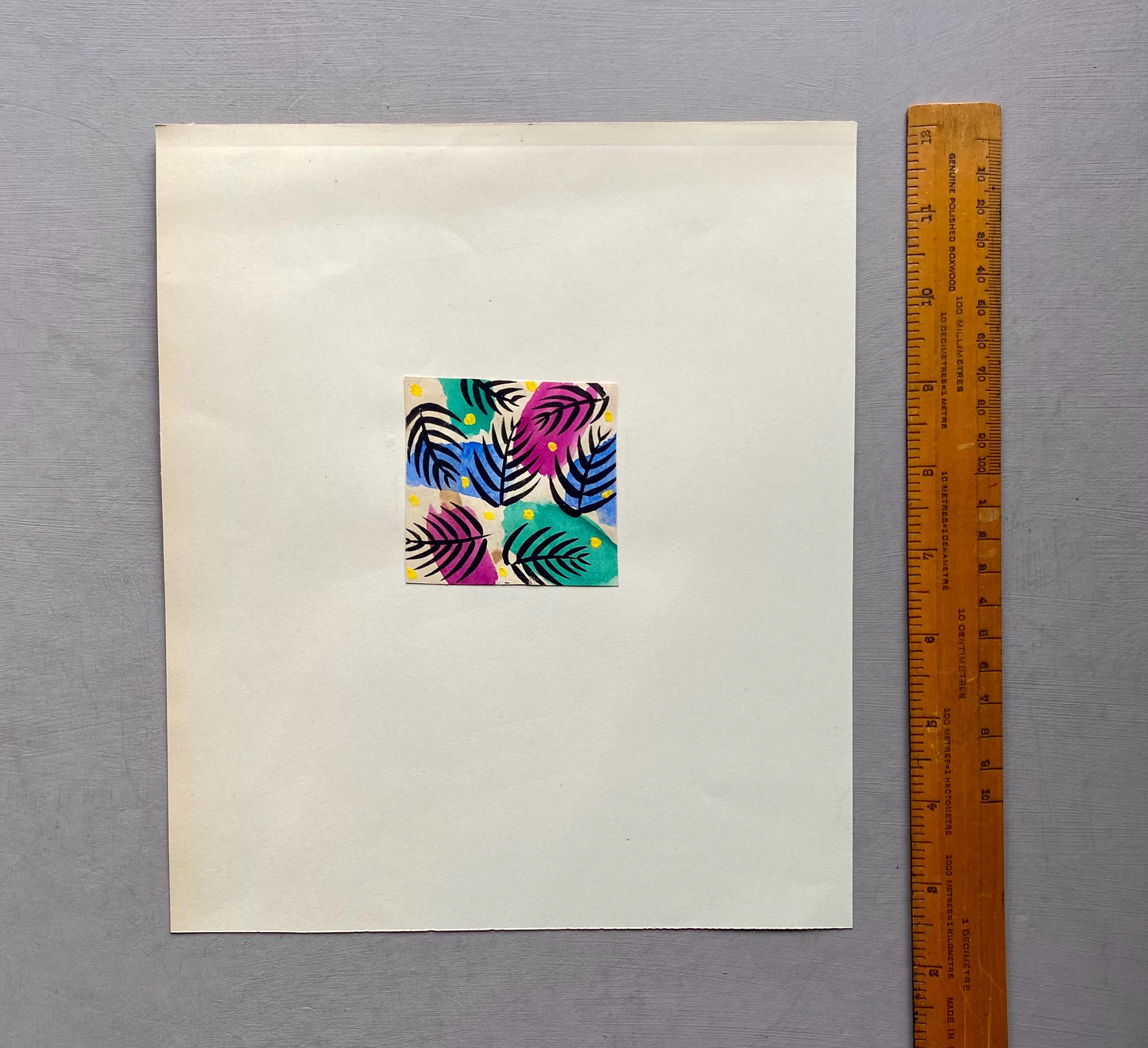An Original Antique French Textile Design. Abstract Floral. Hand Drawn and Painted. Watercolour. 1930s. Size: 6.3 x 6.5 cms.