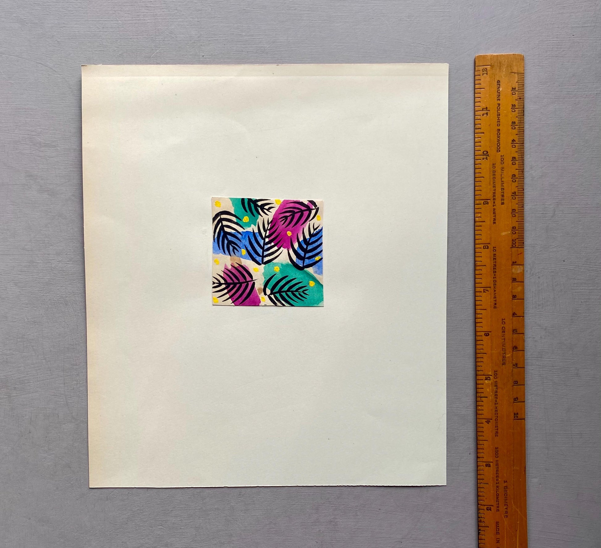 An Original Antique French Textile Design. Abstract Floral. Hand Drawn and Painted. Watercolour. 1930s. Size: 6.3 x 6.5 cms.