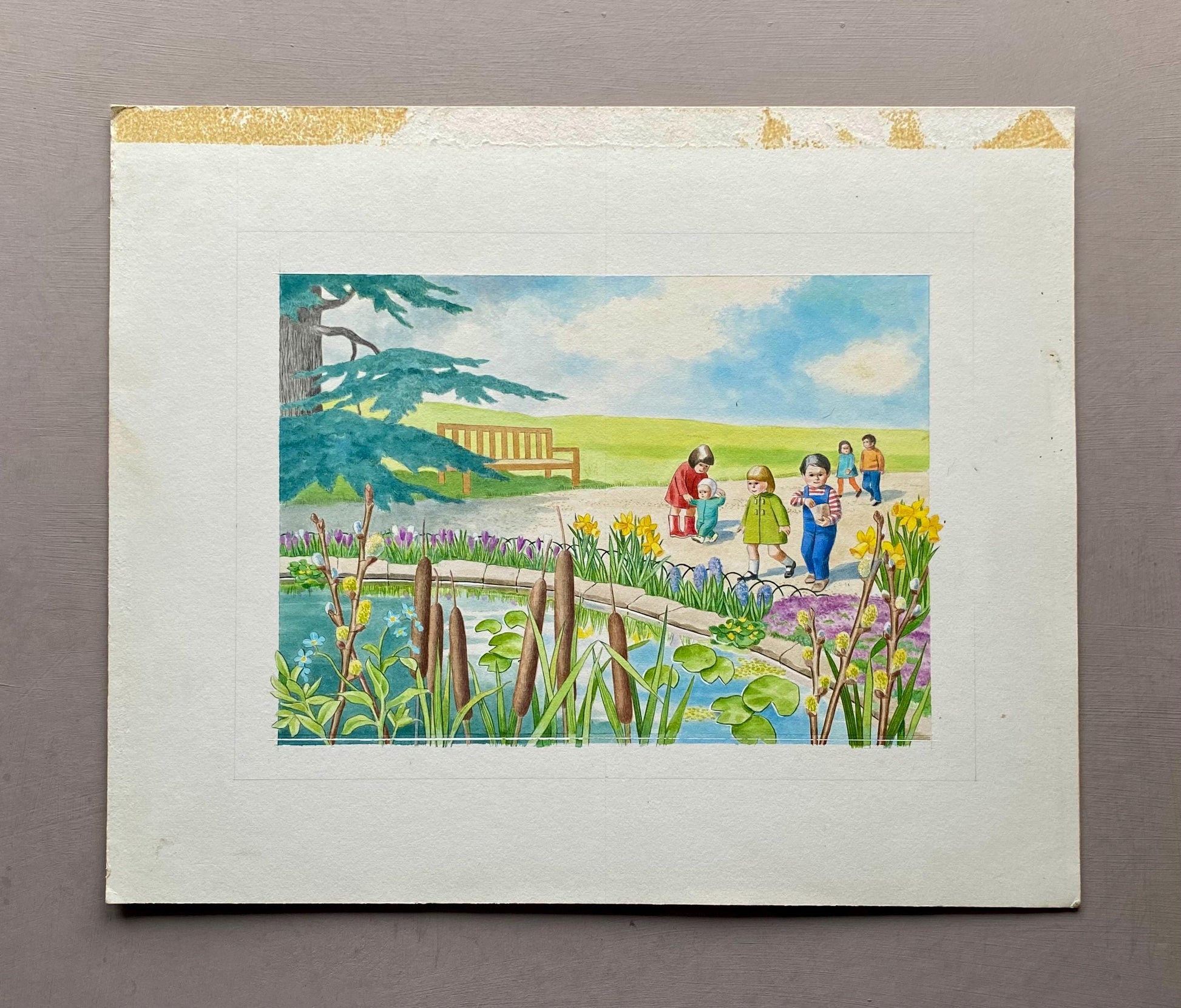 An Original Illustration From 'Park Animals' Showing Spring Flowers. Watercolour. Unsigned. Size: 14.7 x 25 cms.