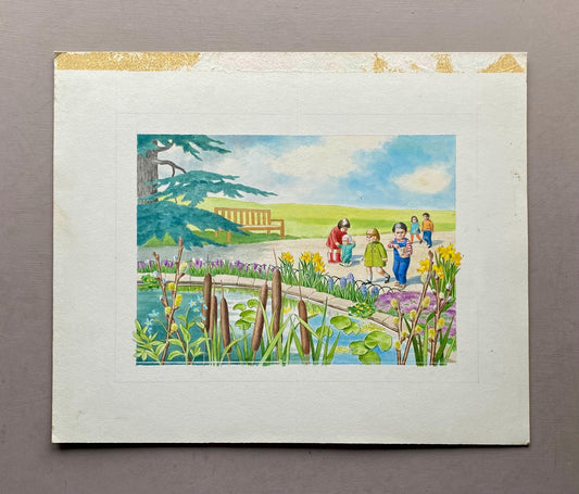 An Original Illustration From 'Park Animals' Showing Spring Flowers. Watercolour. Unsigned. Size: 14.7 x 25 cms.