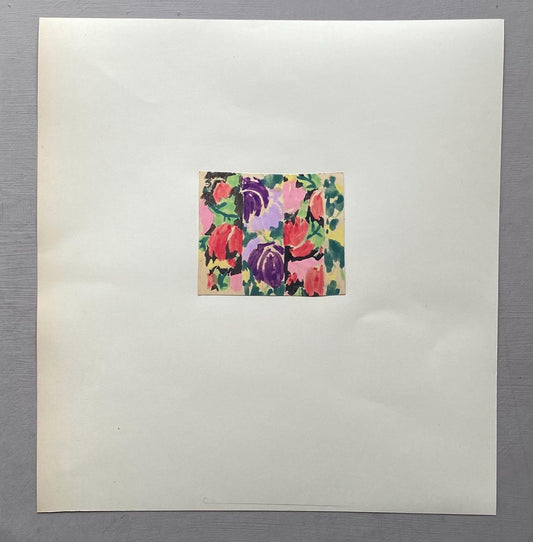 May include: A small, colorful floral painting featuring red, purple, and pink roses with green leaves on a yellow background. The artwork is mounted on a large, off-white paper.