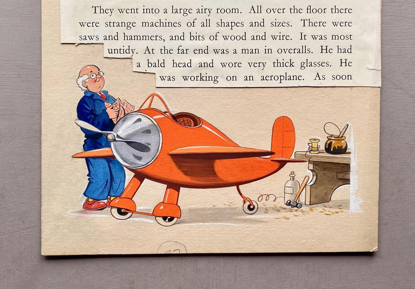 The Magic Aeroplane. 5 Original Watercolour Illustrations From The 1950’s. With Text. Size: 23.5 x 19 cms.