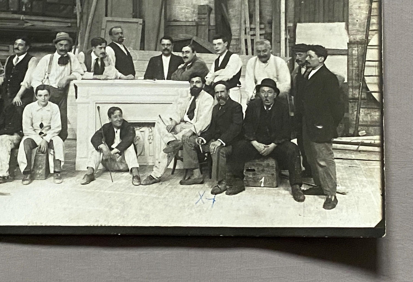 2 Antique Photographs of Set Painters For Bailey et Jambon Theatre Set Design, Paris. Dated 1913. Size: 13 x 17.5 cms.