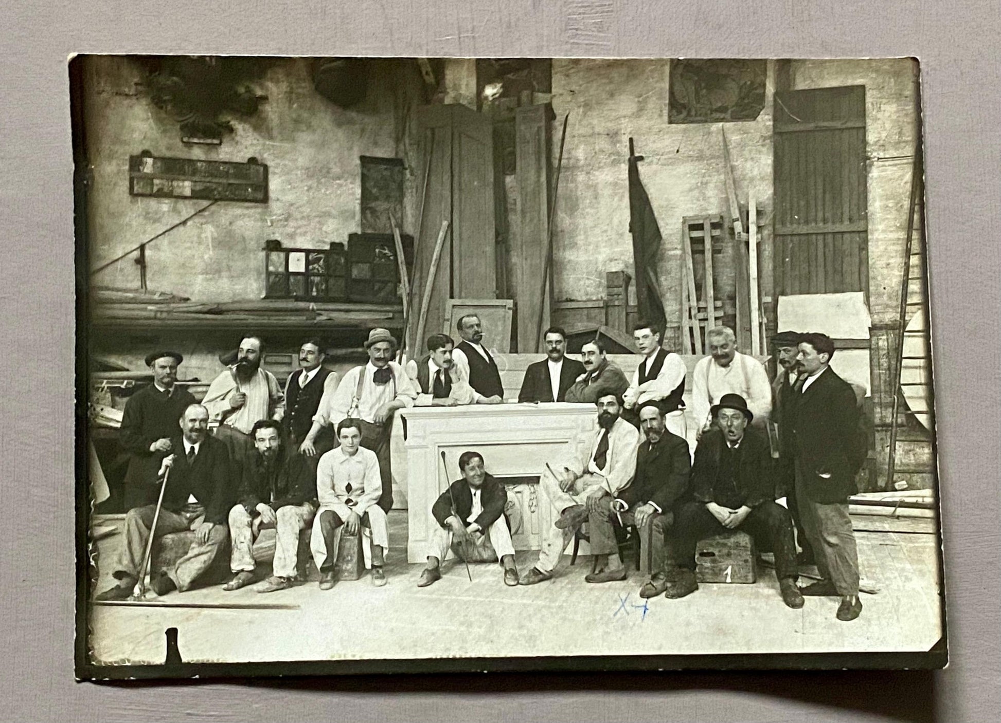 2 Antique Photographs of Set Painters For Bailey et Jambon Theatre Set Design, Paris. Dated 1913. Size: 13 x 17.5 cms.
