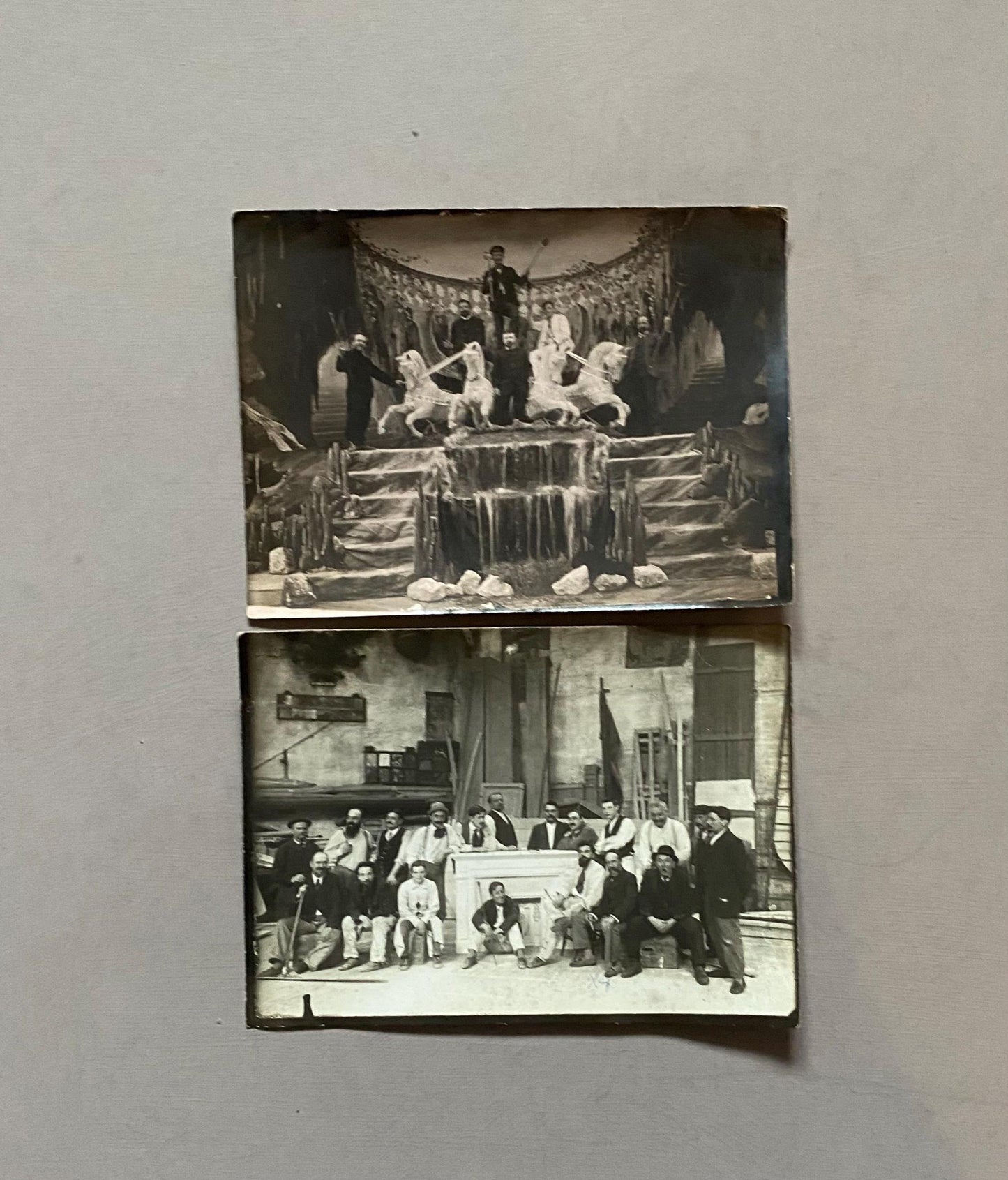 2 Antique Photographs of Set Painters For Bailey et Jambon Theatre Set Design, Paris. Dated 1913. Size: 13 x 17.5 cms.