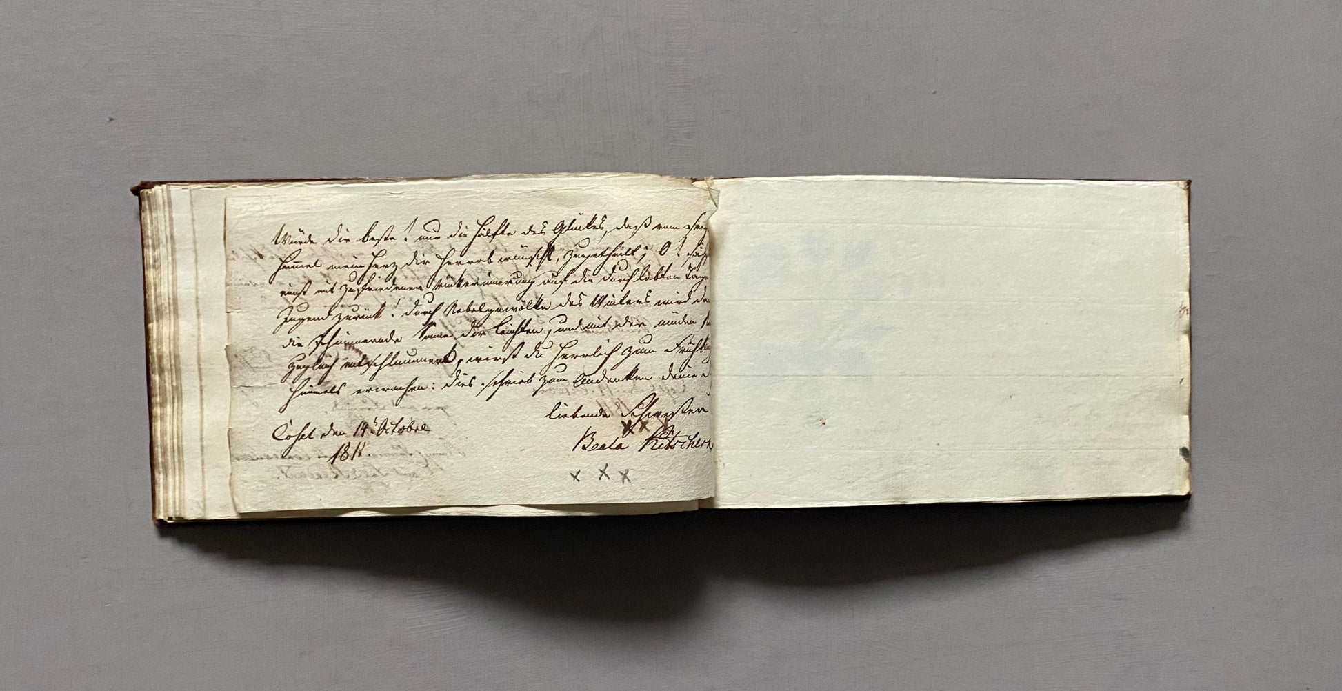A Leatherbound Autograph Book Containing 5 Watercolours and A Needlework Posy. German. Early 1800s. Size: 12 x 18.5 cms.