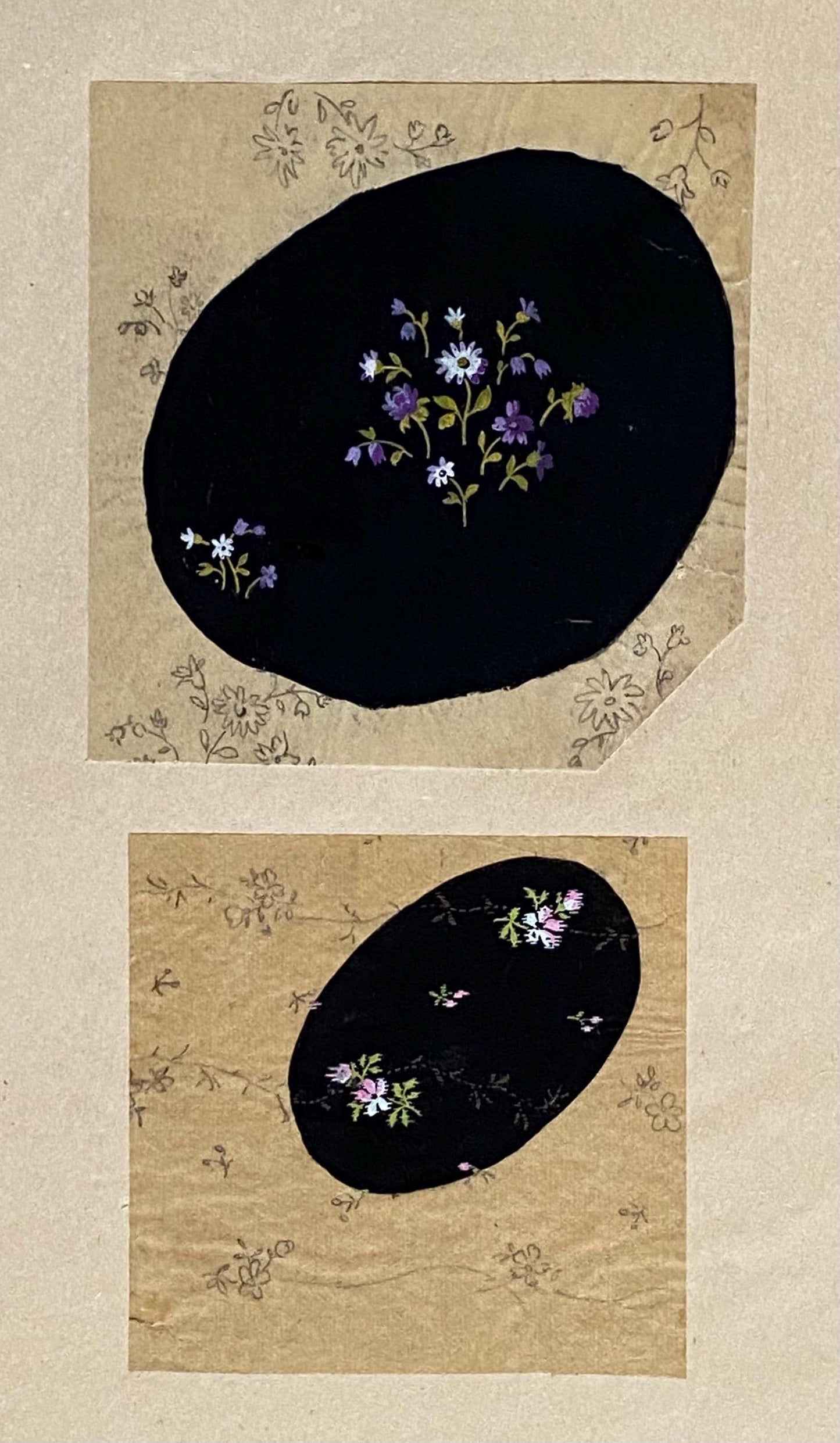 Two Original Hand Painted Antique French Textile Designs. Produced in Lyon in 1911. Size: 9 x 8.7 cms and 7.2 x 7.4 cms.