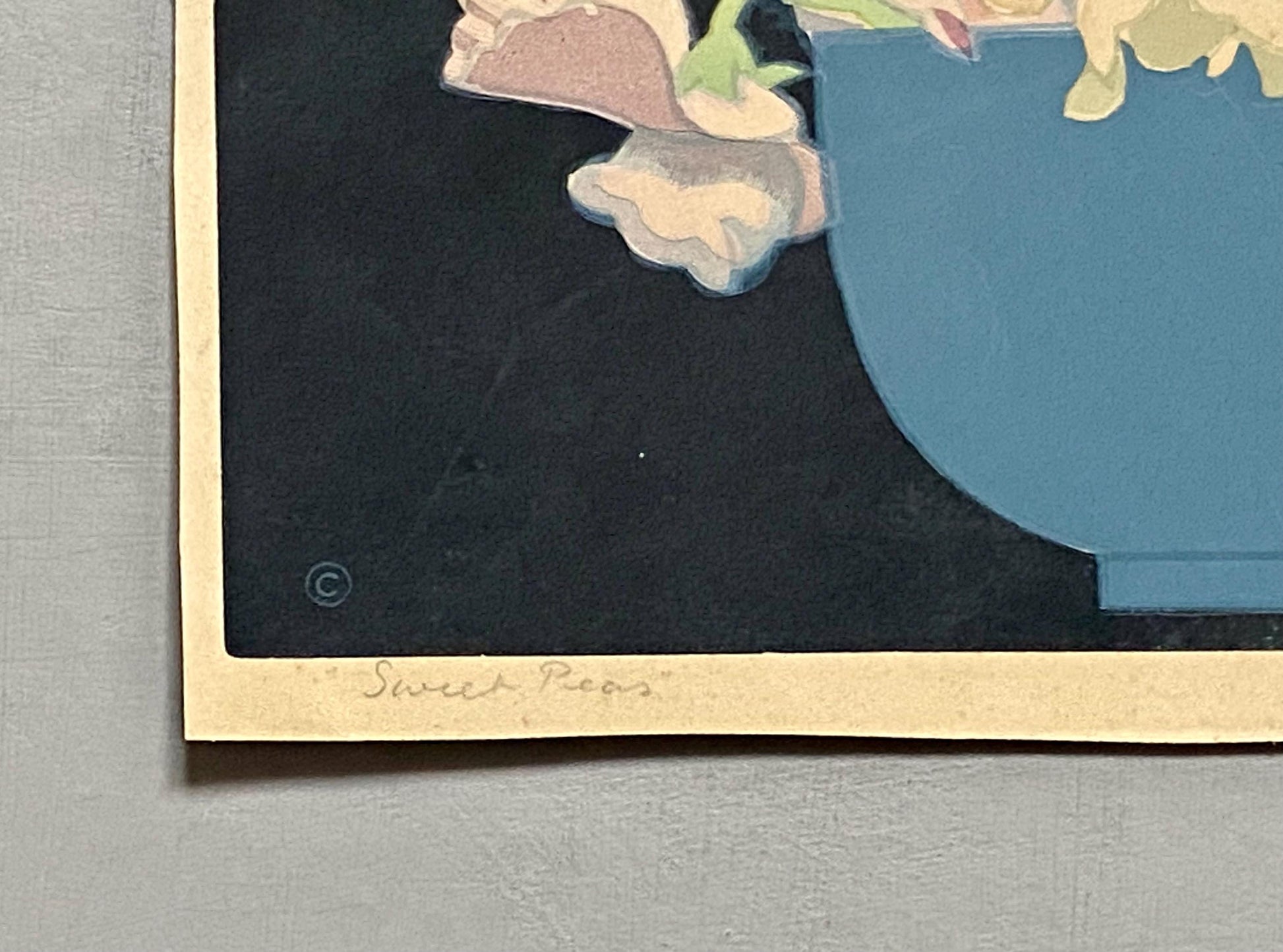 Sweet Peas. An Original Woodcut by John Hall Thorpe. Signed By The Artist. Dated 1925. Size: 29 x 23.5 cms.