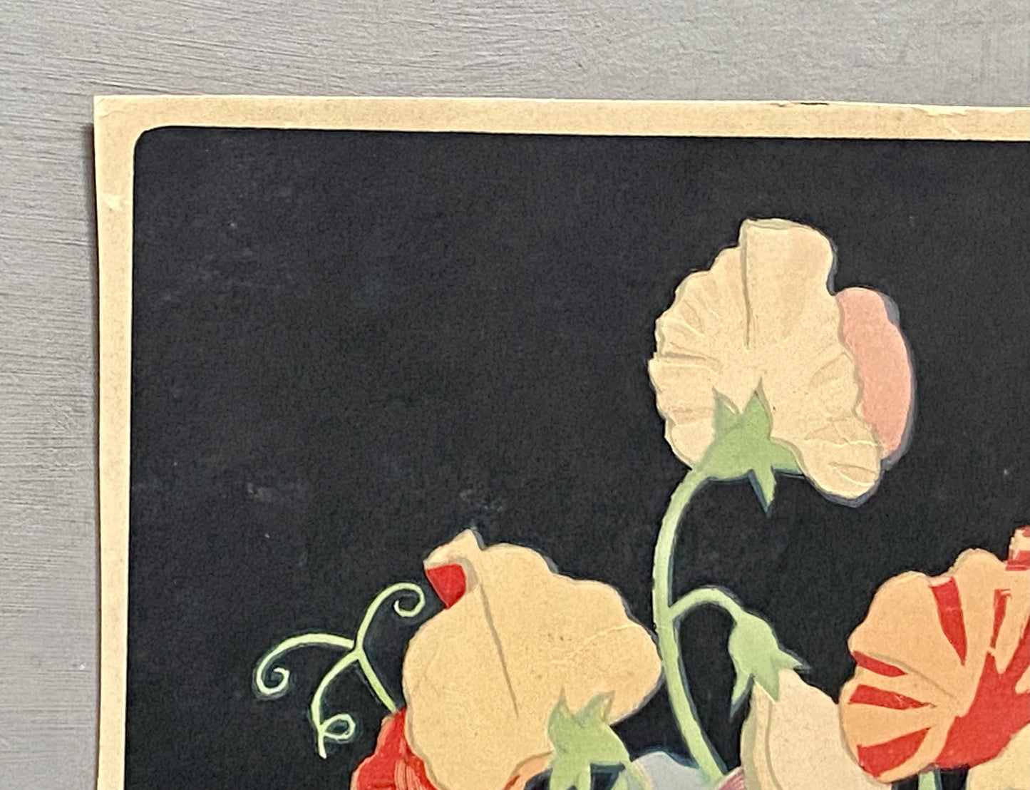 Sweet Peas. An Original Woodcut by John Hall Thorpe. Signed By The Artist. Dated 1925. Size: 29 x 23.5 cms.