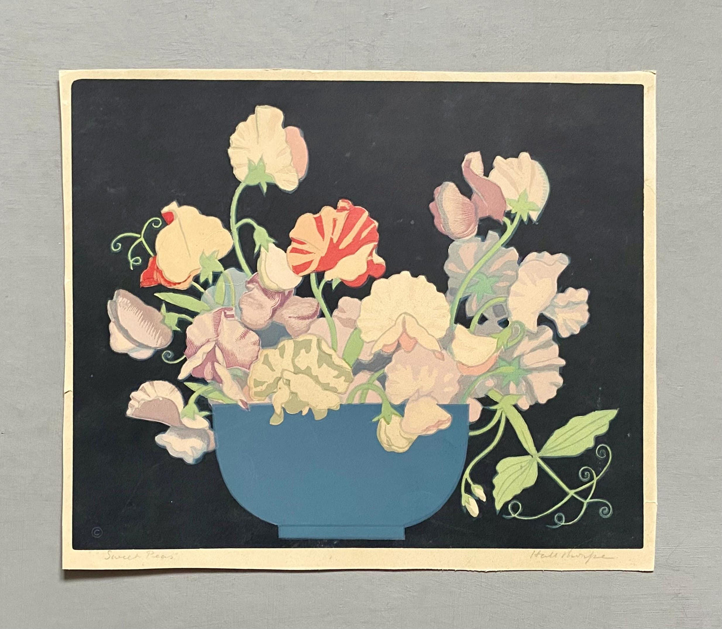 Sweet Peas. An Original Woodcut by John Hall Thorpe. Signed By The Artist. Dated 1925. Size: 29 x 23.5 cms.