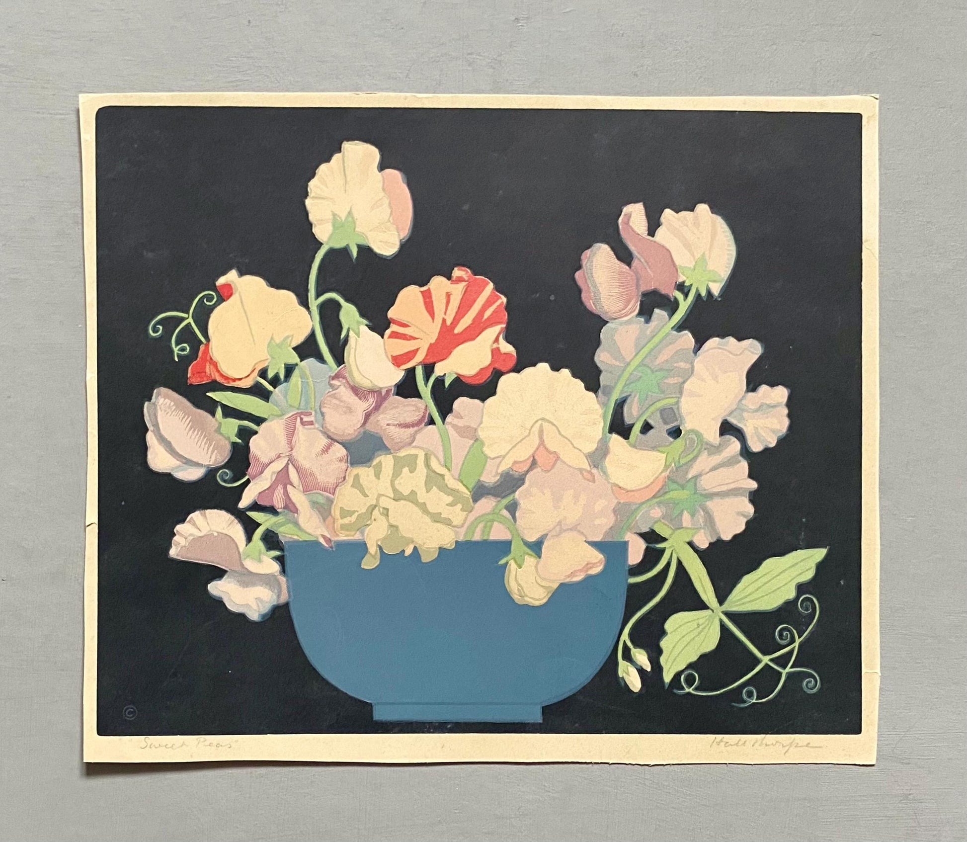 Sweet Peas. An Original Woodcut by John Hall Thorpe. Signed By The Artist. Dated 1925. Size: 29 x 23.5 cms.