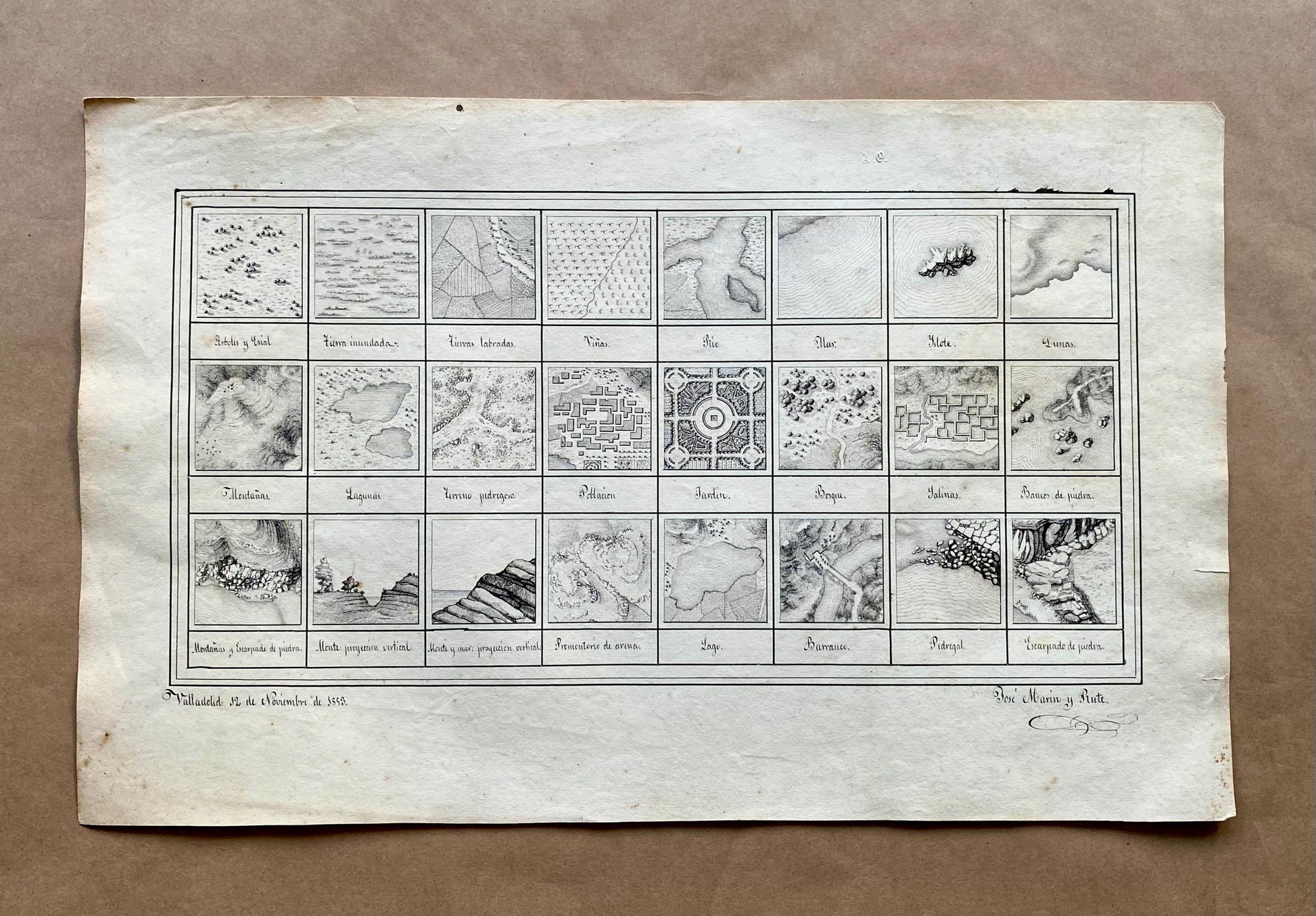Topografia. 11 Hand Drawn Maps. Valladolid, Spain and Rio Pisuerga. Signed Jose Marin de Rute and M. Alvarez. Dated 1855. Size: 50 x 34 cms.