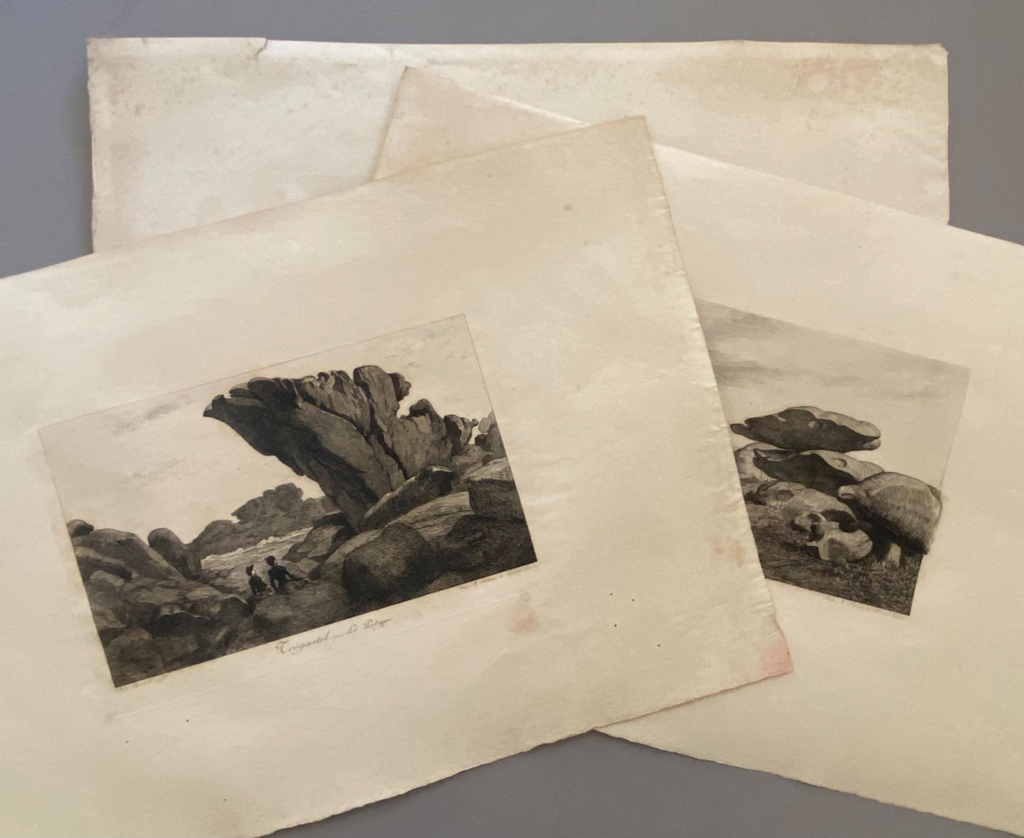Tregaste, Brittany. By Thomas Busnet. Three Engravings Showing Rock Formations in Brittany. 1890. 15.5 x 24 cms.