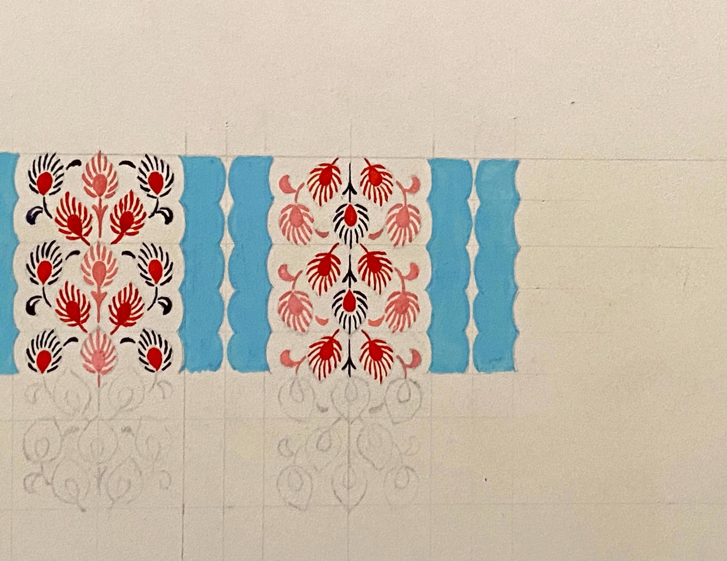 An Original Vintage Textile Design. Hand Drawn and Painted. 1960s. Size: 22.5 x 24.8 cms.