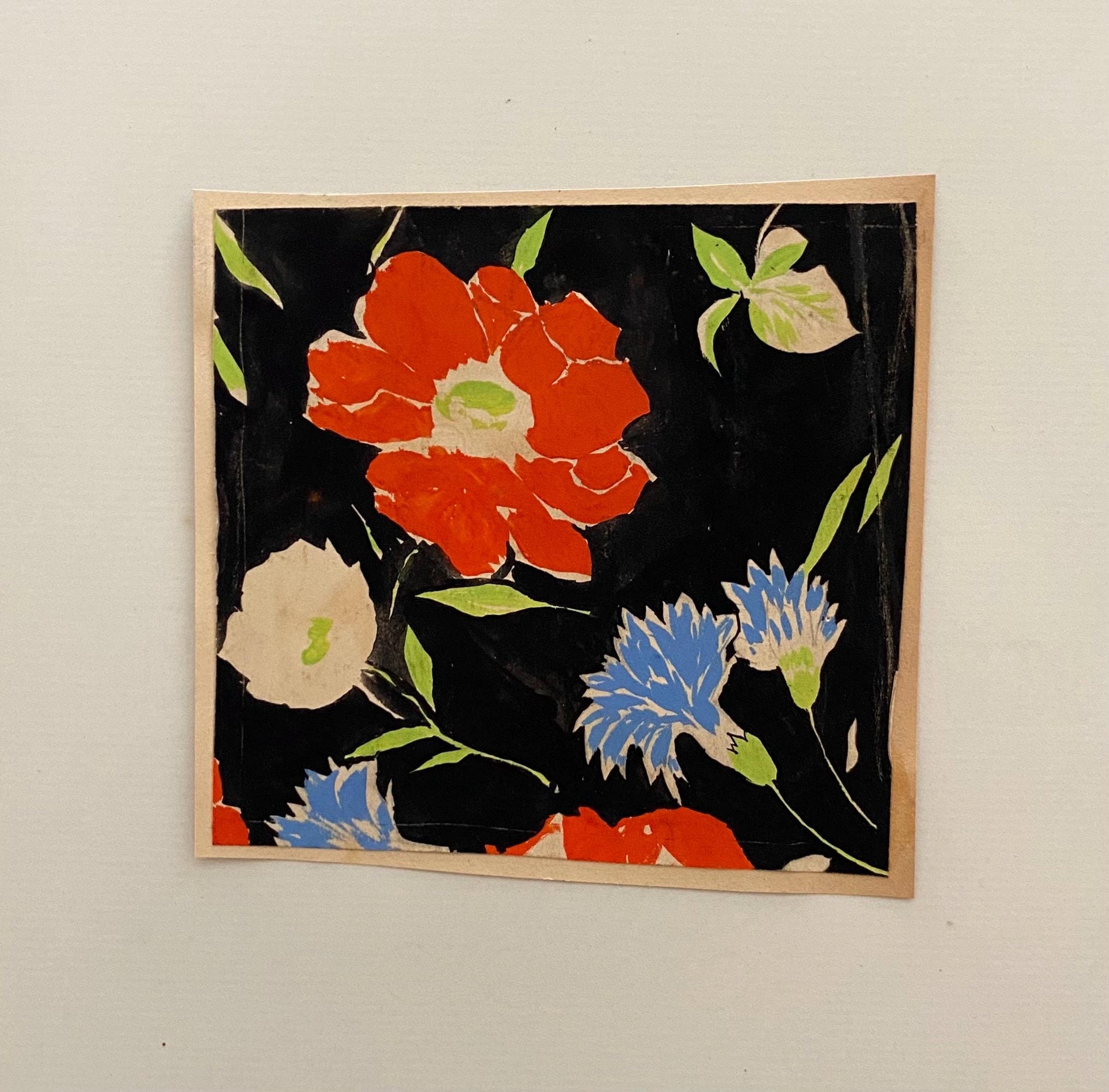 An Original Antique French Textile Design. Floral. Hand Drawn and Painted. Watercolour. 1930s. Size: 10.5 x 11 cms.