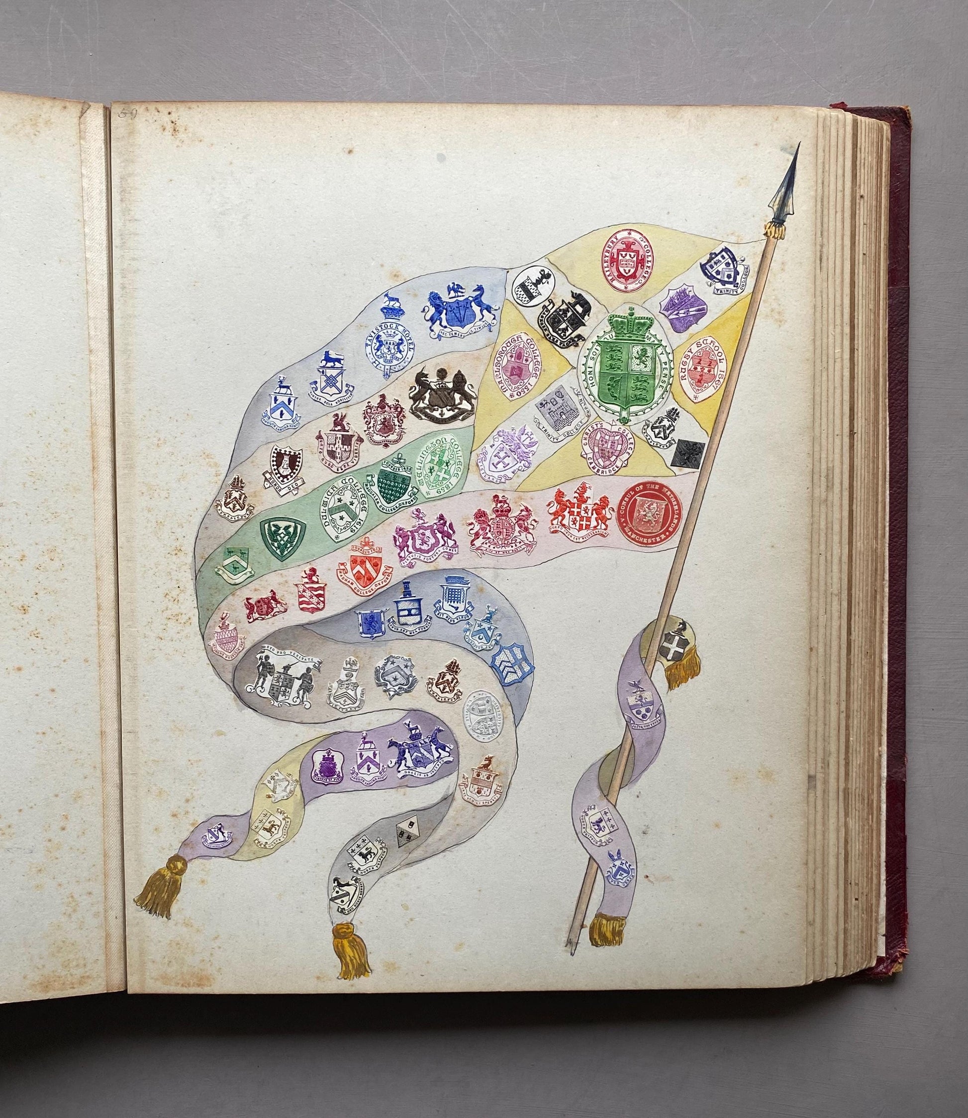 A Crest Album Containing 27 decorated Hand Drawn and Painted Watercolour Images. Undated: Likely 32 x 25 cms.