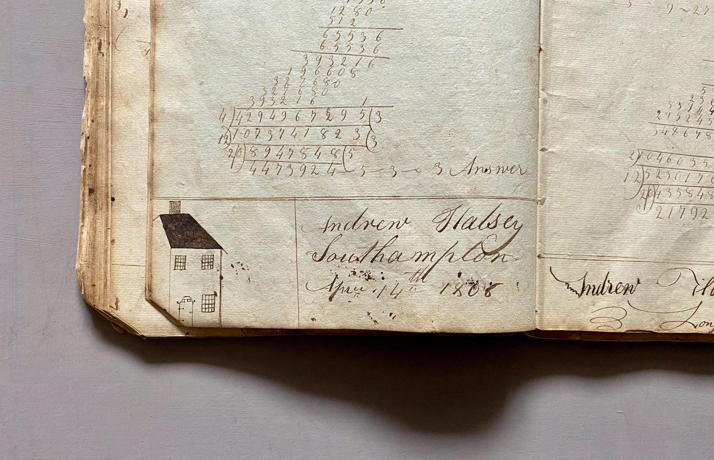 A Workbook Belonging To Andrew Halsey of Halsey House, Southampton, Long island. Dated 1806. 234 Pages. Size: 13 x 8 inches.