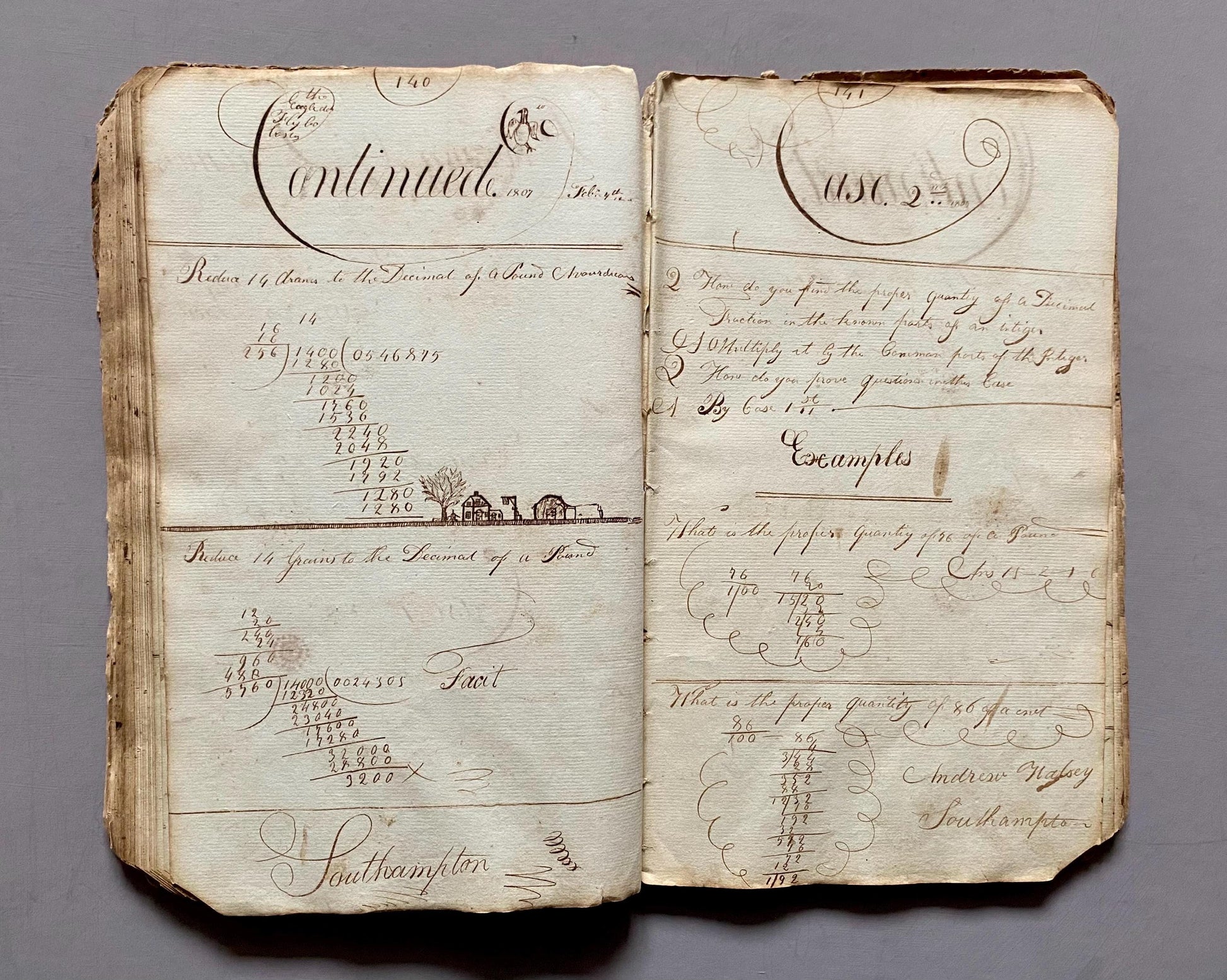 A Workbook Belonging To Andrew Halsey of Halsey House, Southampton, Long island. Dated 1806. 234 Pages. Size: 13 x 8 inches.