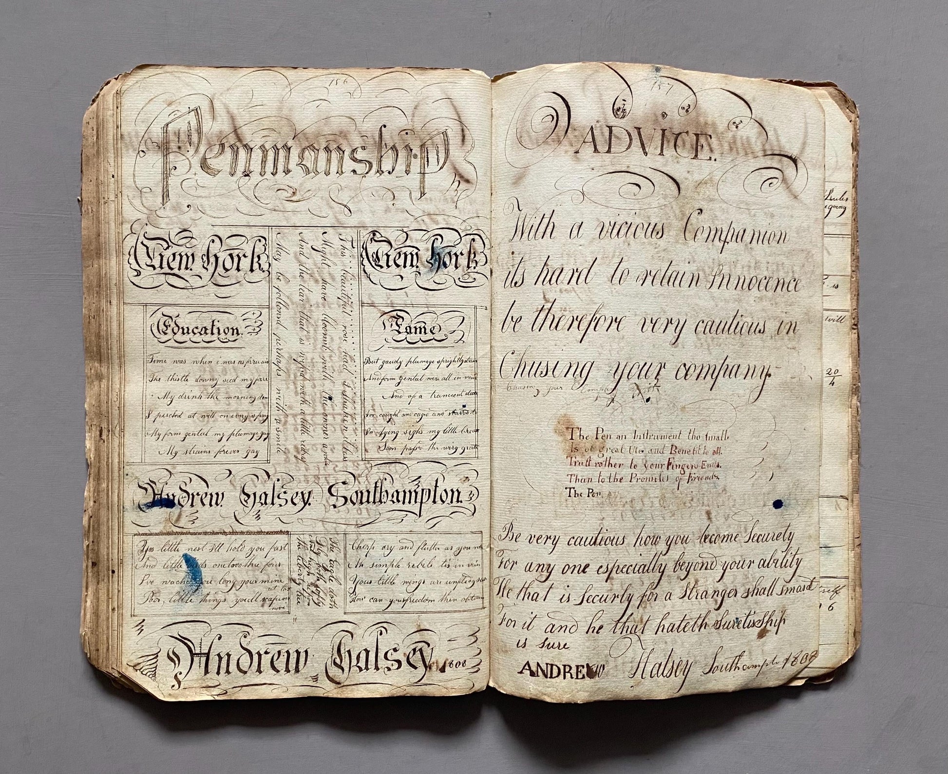 A Workbook Belonging To Andrew Halsey of Halsey House, Southampton, Long island. Dated 1806. 234 Pages. Size: 13 x 8 inches.