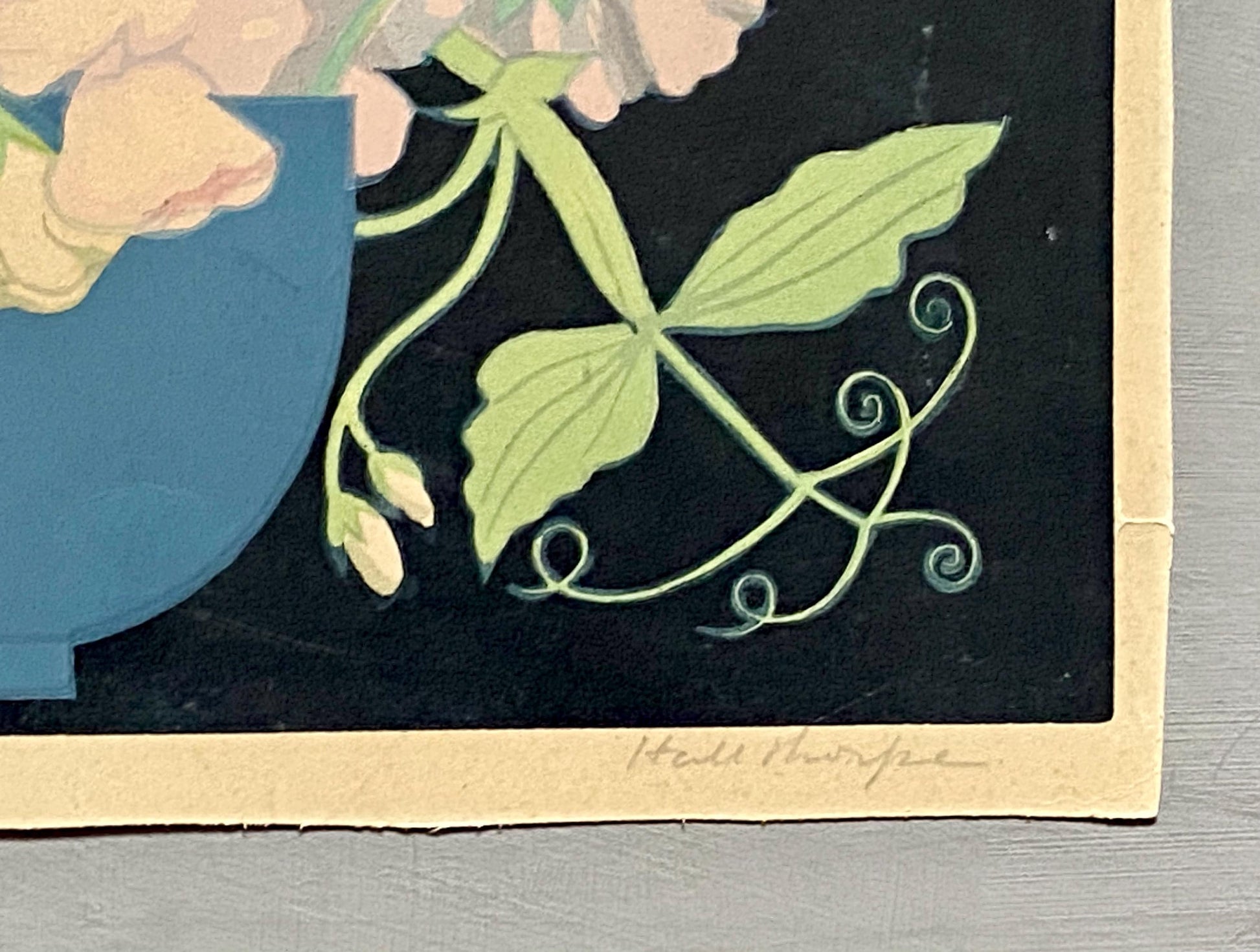 Sweet Peas. An Original Woodcut by John Hall Thorpe. Signed By The Artist. Dated 1925. Size: 29 x 23.5 cms.