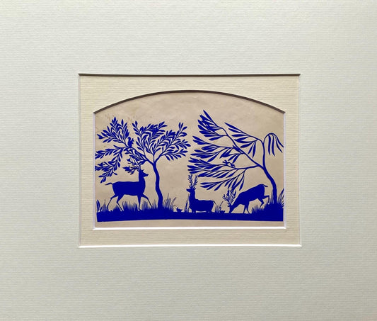 An Antique Paper Cut. Deer At A Pond. Blue on a Pinkish Cream Ground. Late Georgian, Early Victorian. Size: 12.7 x 21.5 cms.