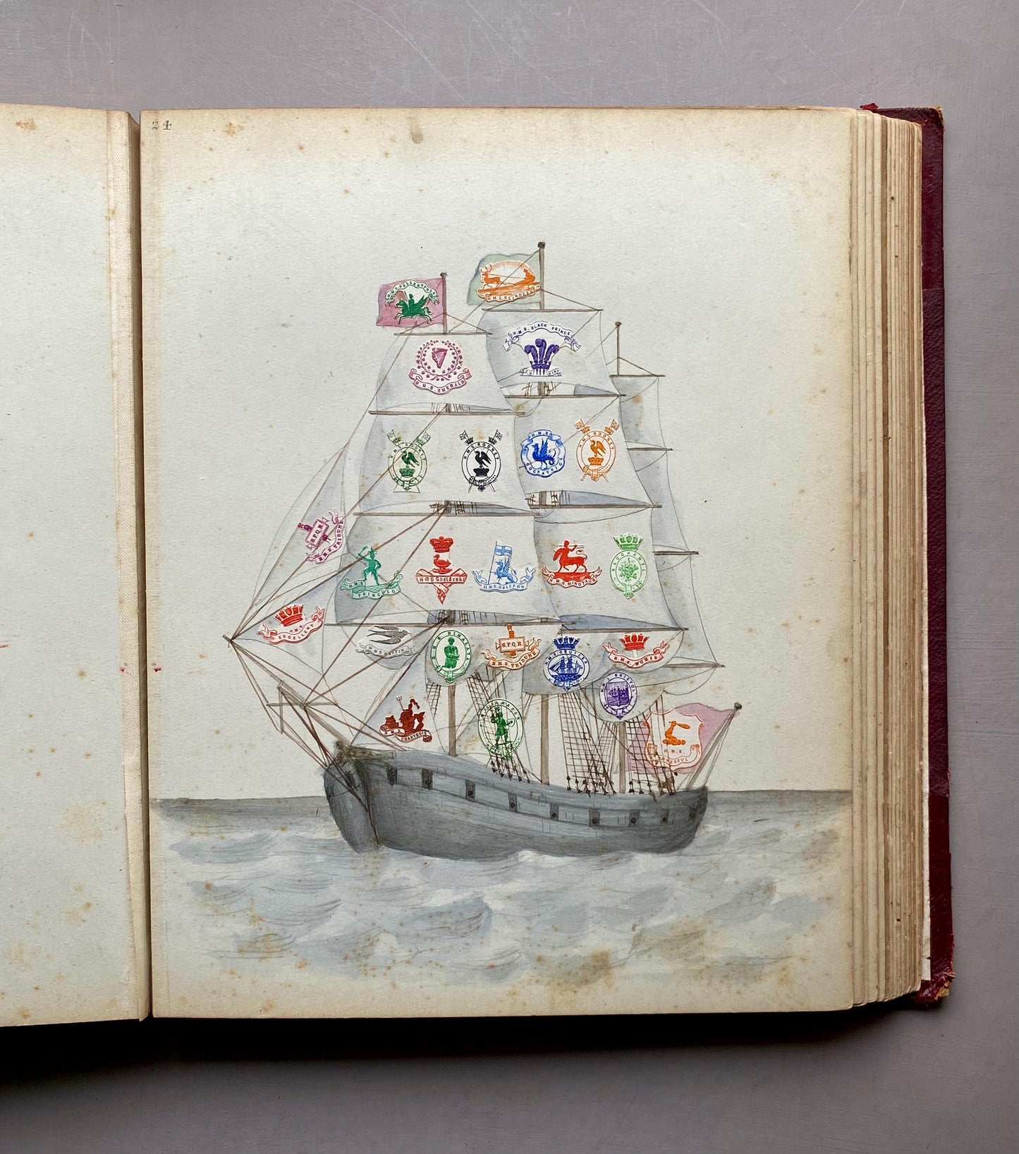 A Crest Album Containing 27 decorated Hand Drawn and Painted Watercolour Images. Undated: Likely 32 x 25 cms.