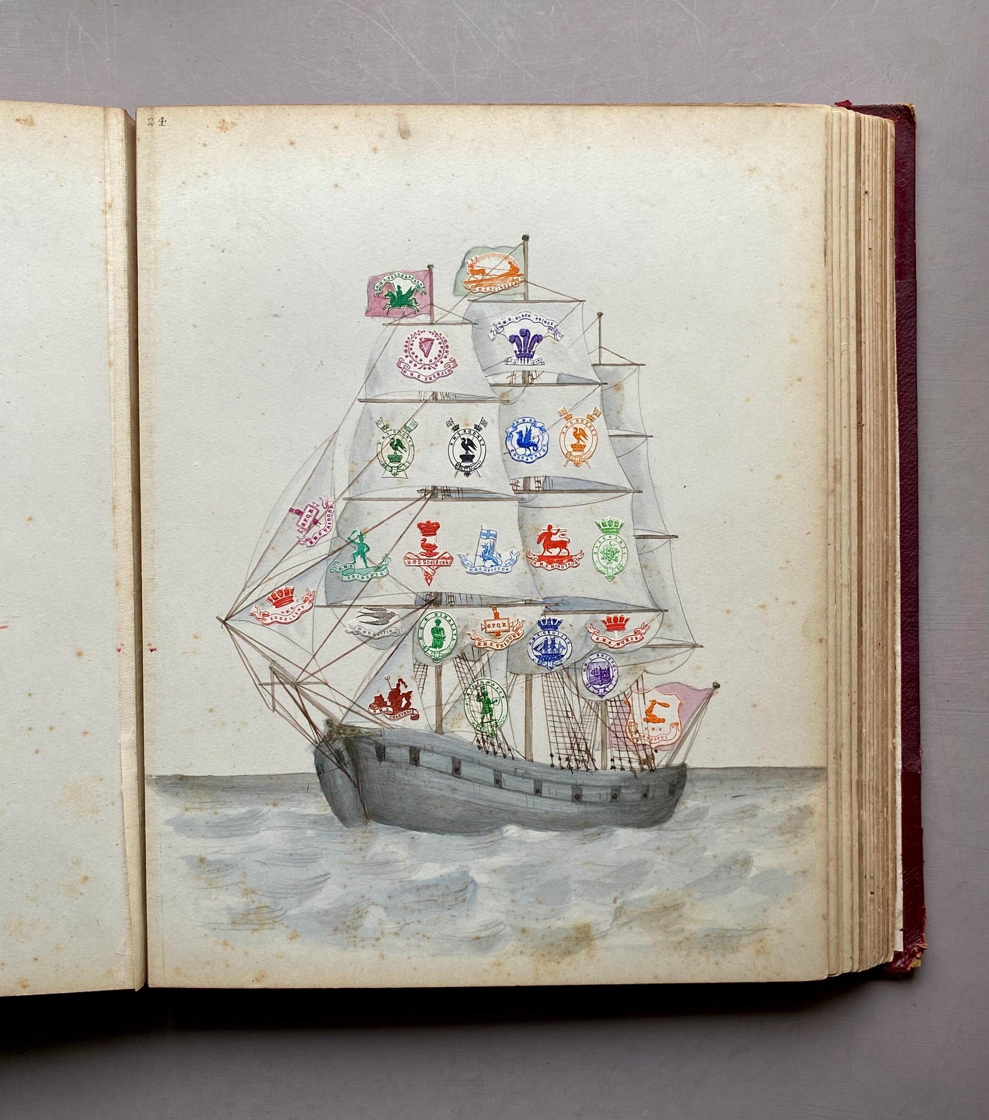 A Crest Album Containing 27 decorated Hand Drawn and Painted Watercolour Images. Undated: Likely 32 x 25 cms.